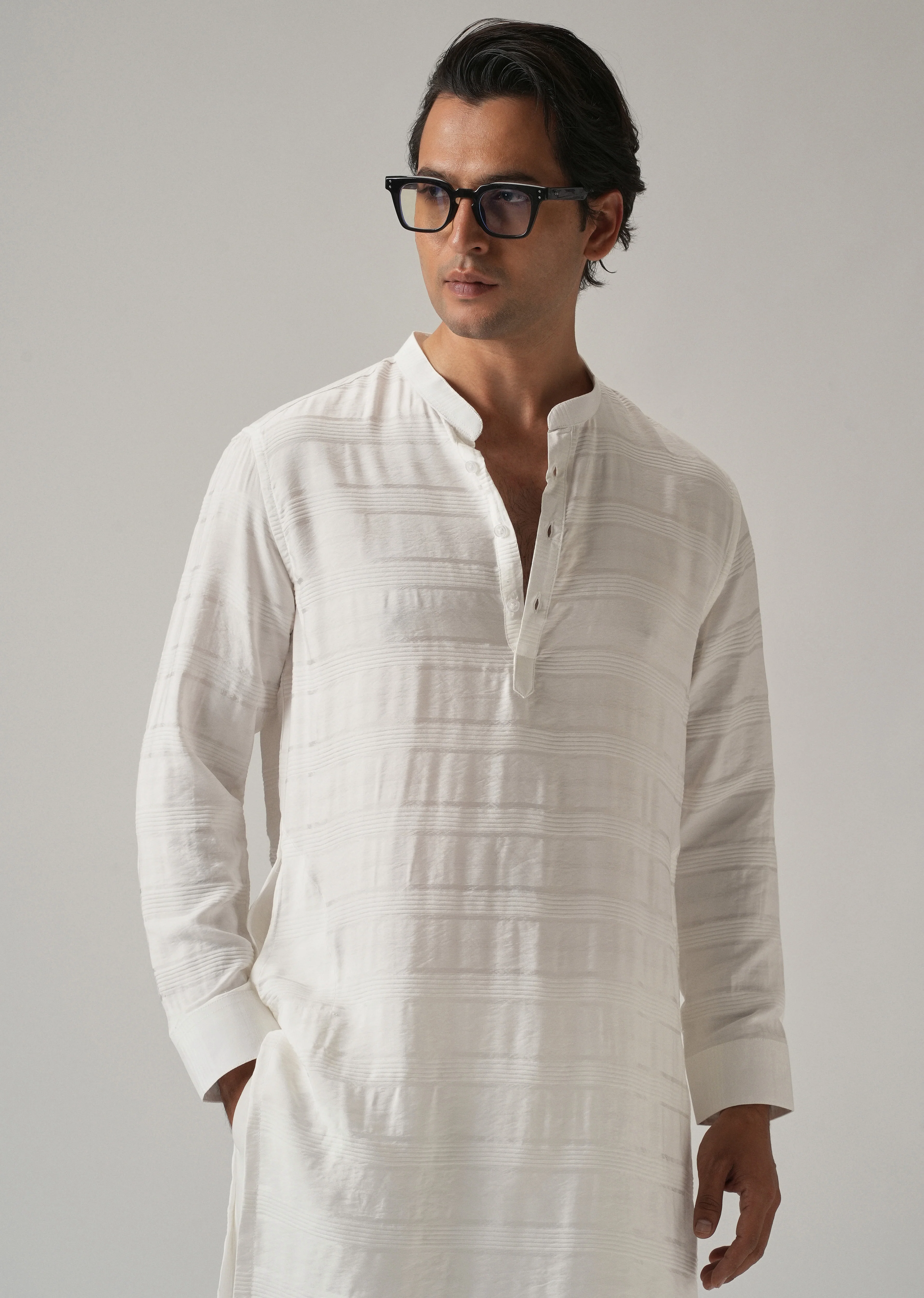 White Nylon Subtle Stripe Kurta - Image 6