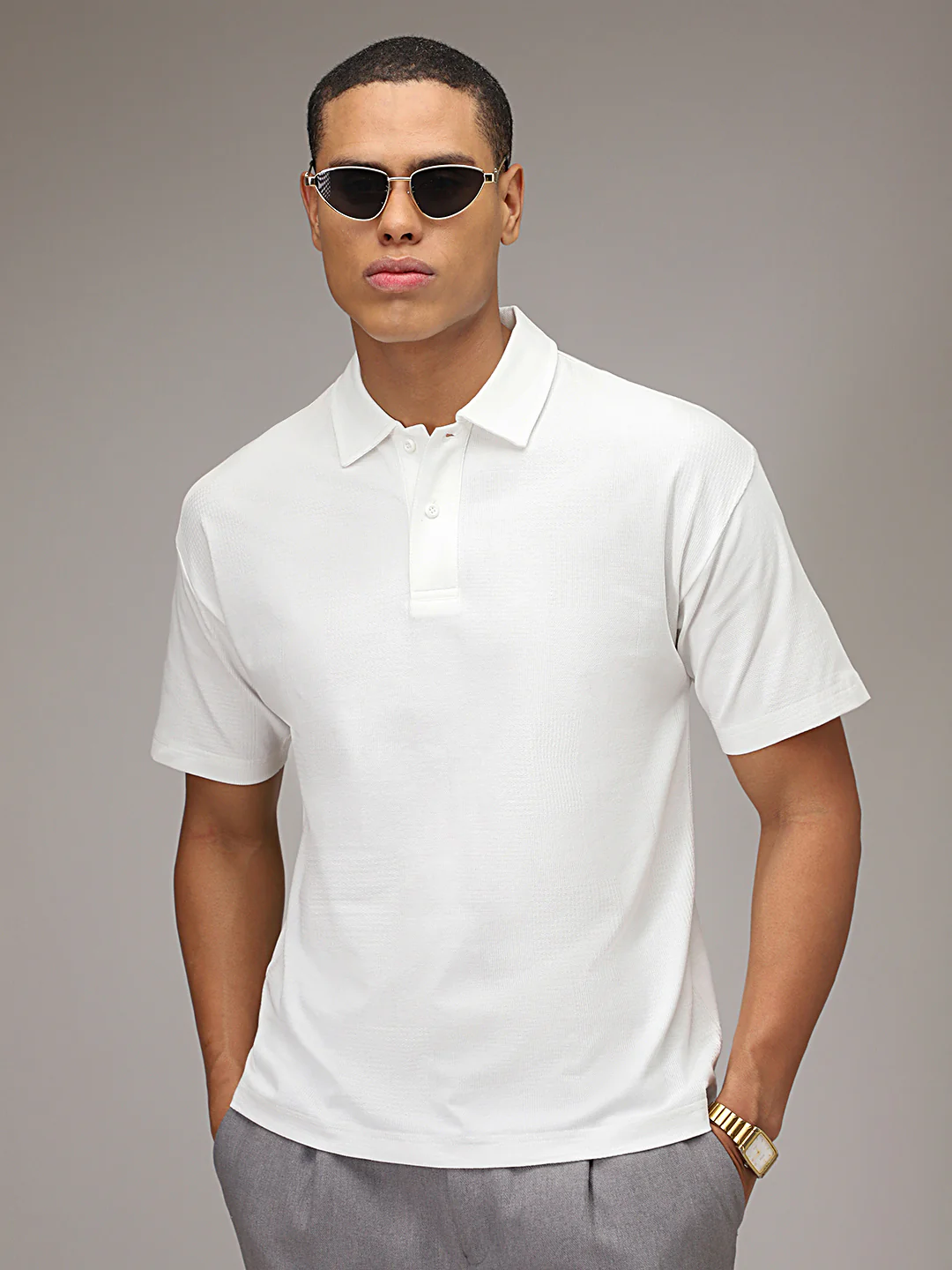 White Patterned Polo T-shirt - Image 6