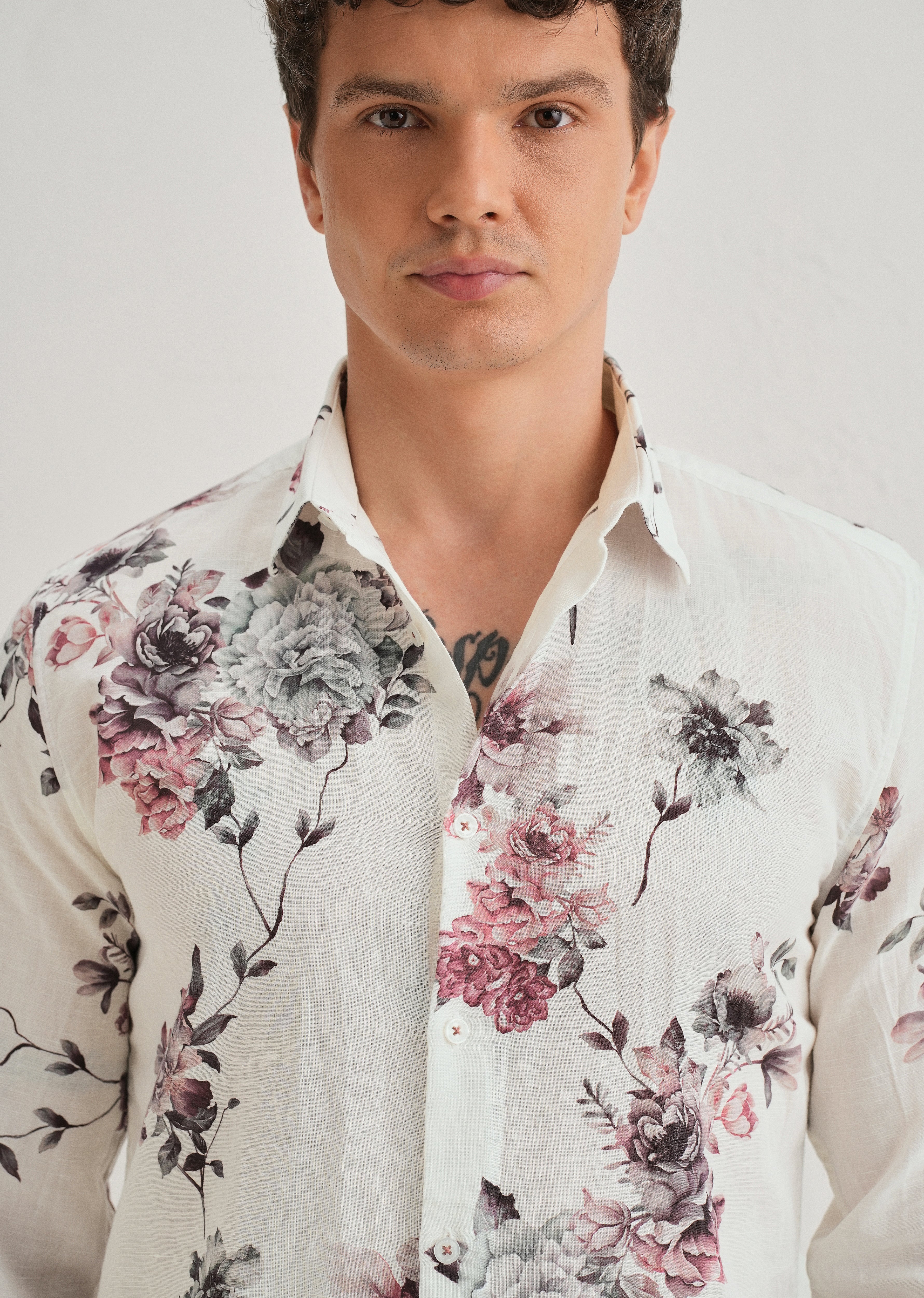 White Peony Dahlia Printed Cotton Linen Shirt - Image 2