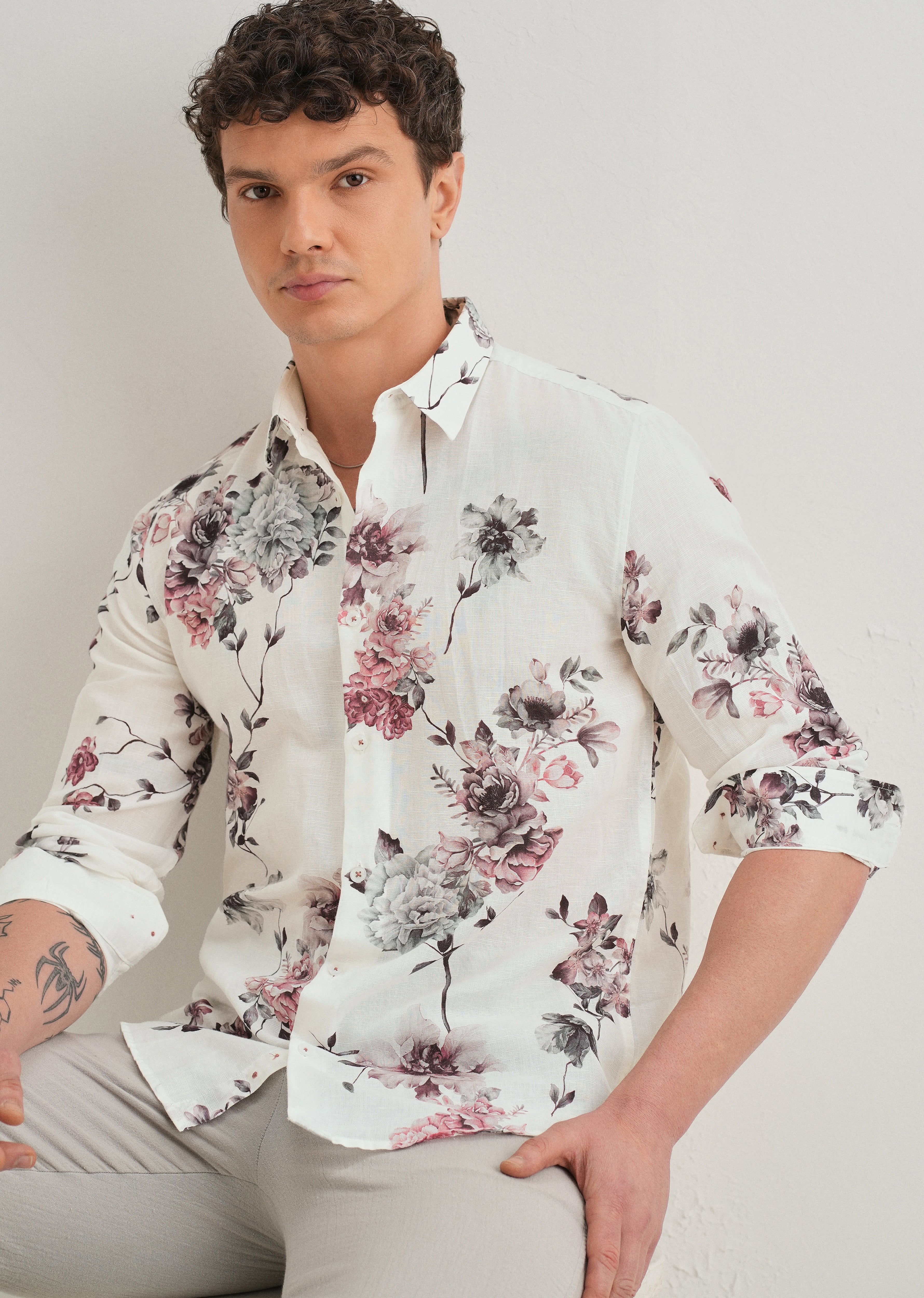 White Peony Dahlia Printed Cotton Linen Shirt - Image 7