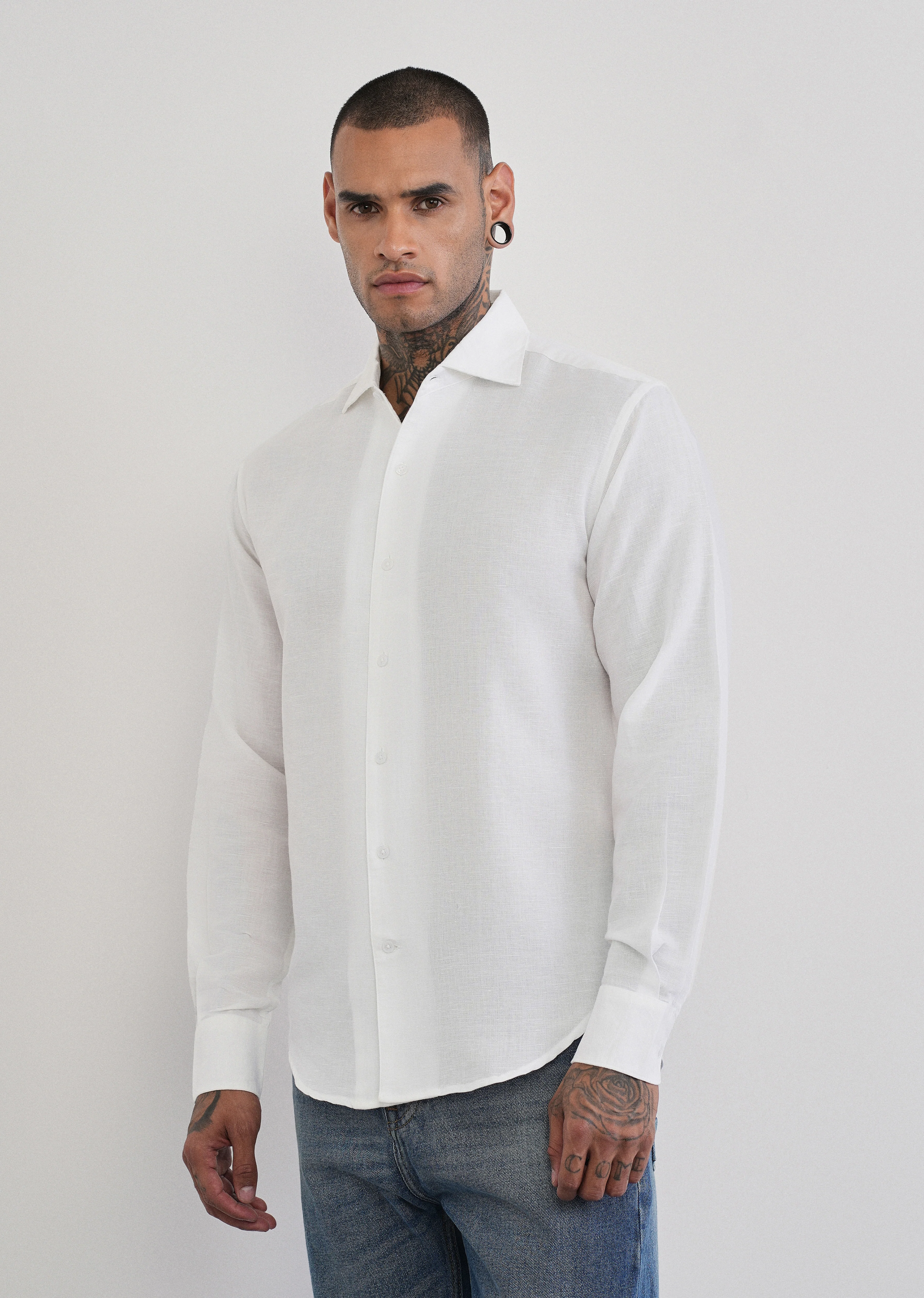 White Plain Cotton Linen Shirt - Image 4