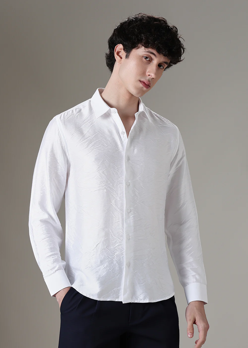 White Plain Crushed Satin Shirt - Image 3