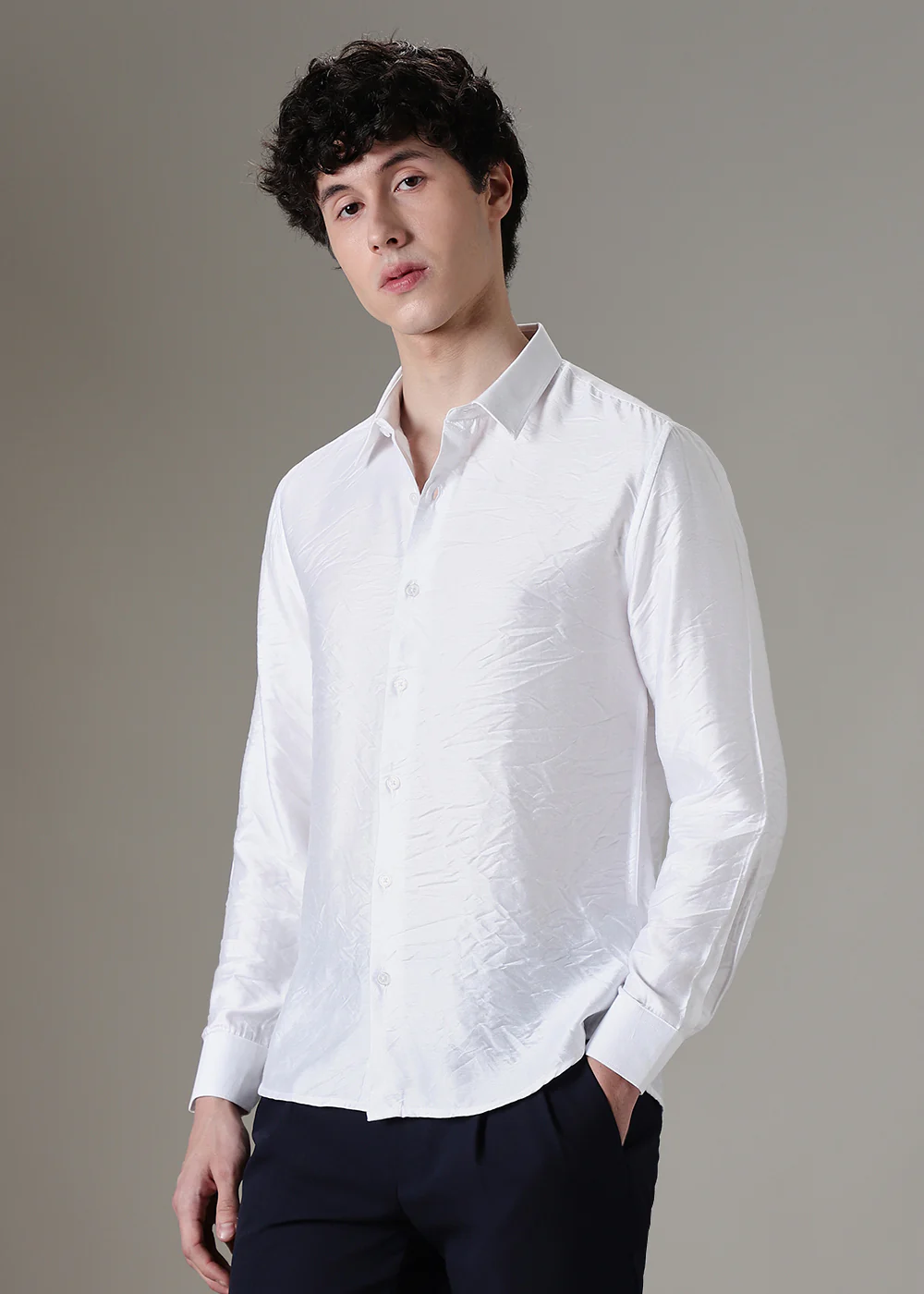 White Plain Crushed Satin Shirt - Image 5
