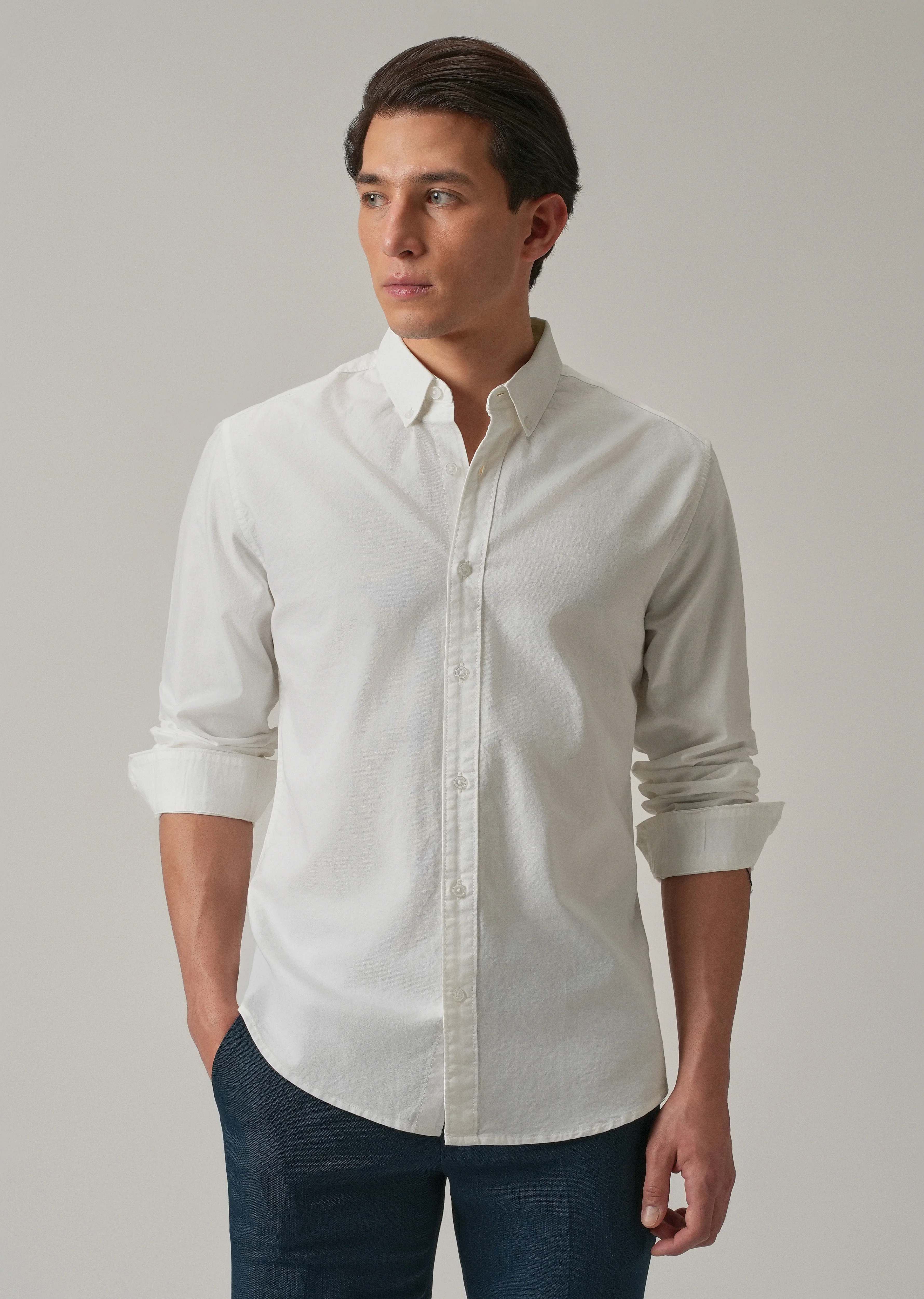White Plain Elbow Patch Oxford Shirt - Image 7