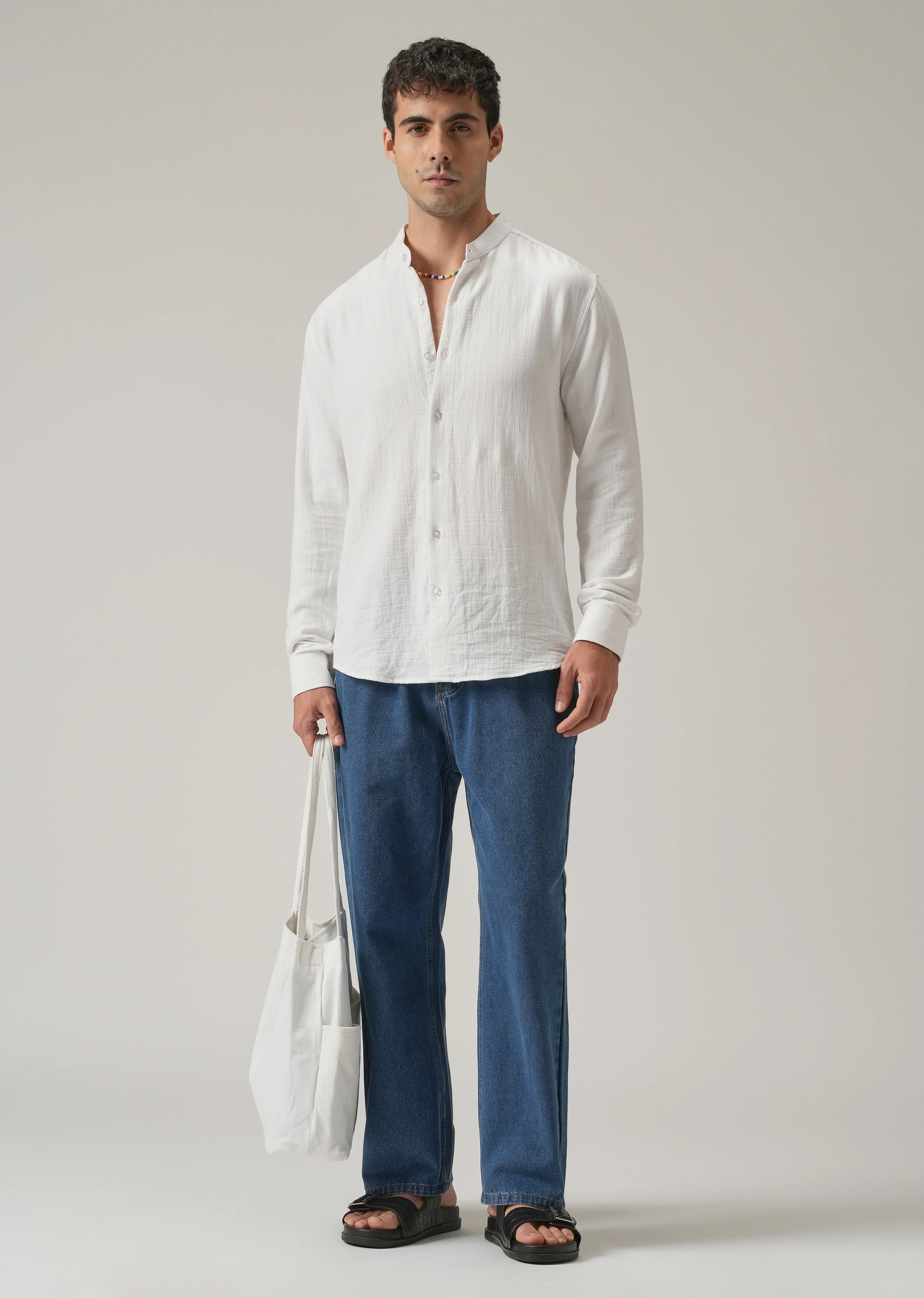 White Plain Mandarin Collar Cotton Shirt - Image 6