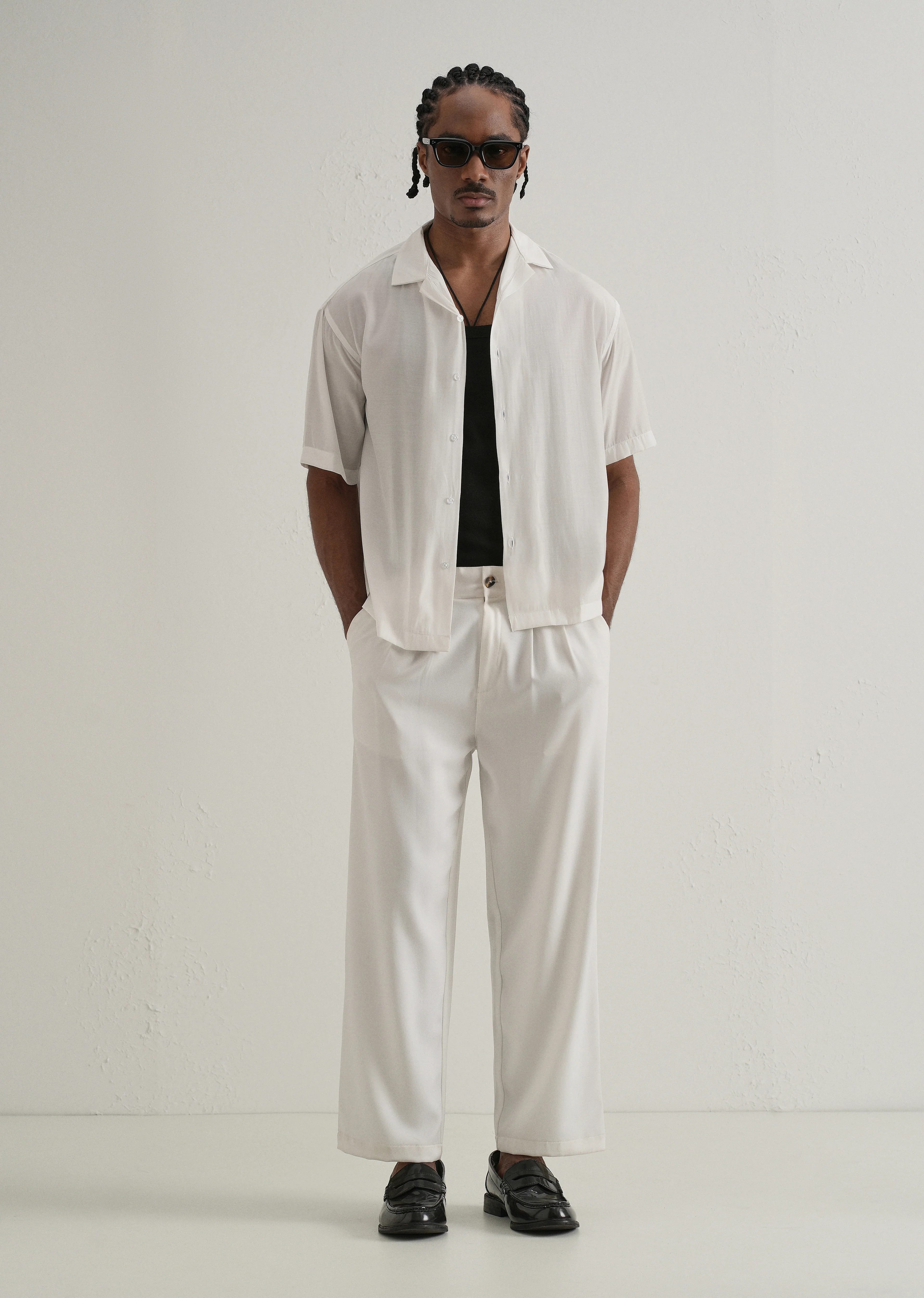 White Plain Sheen Cuban Collar Shirt - Image 6