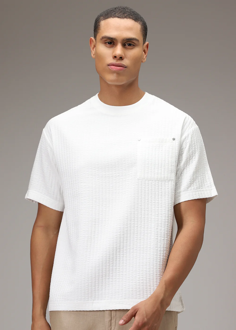 White Plain Textured Oversized T-shirt - Image 3