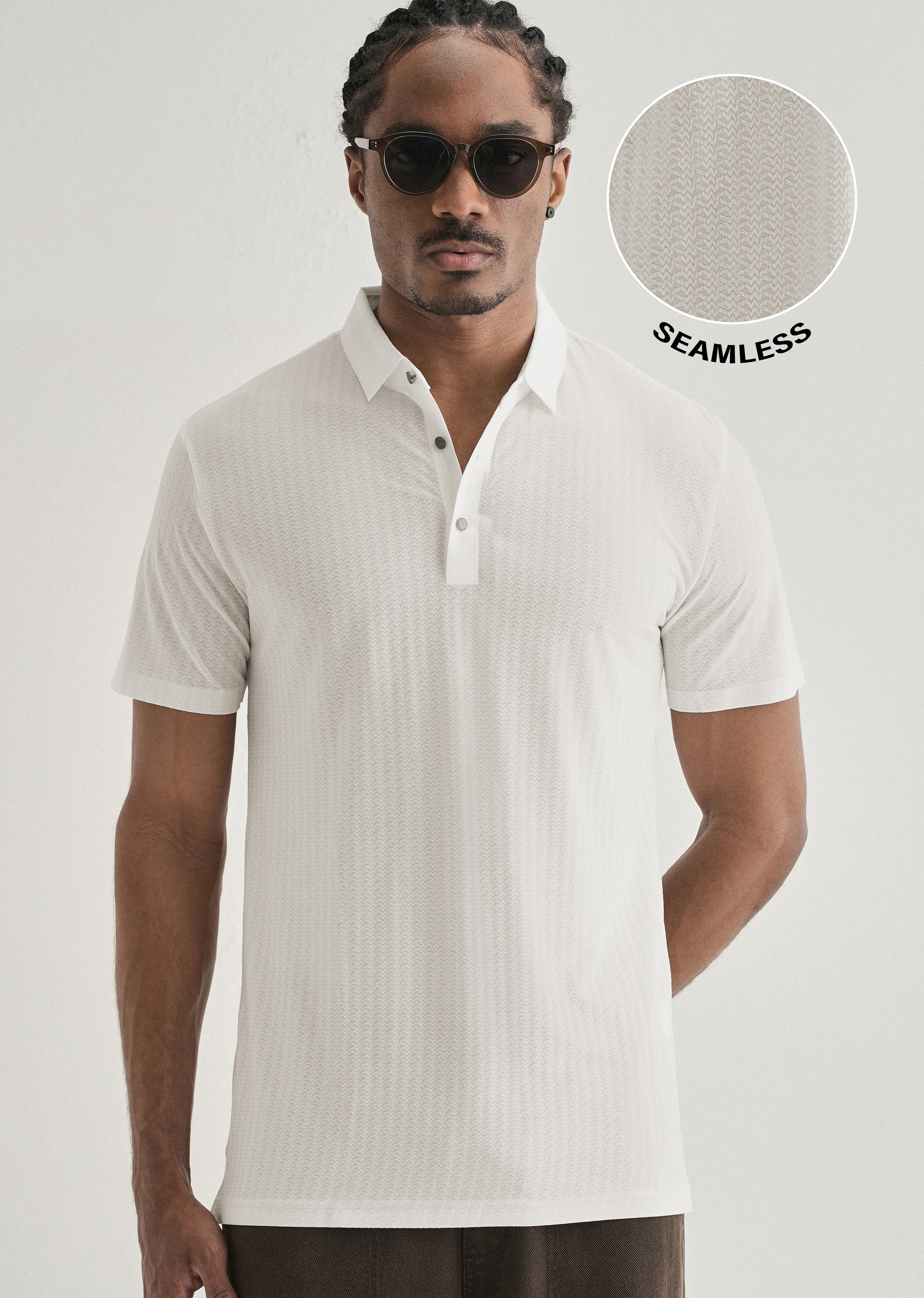 White Polo Collar Printed Seamless T-shirt - Image 7