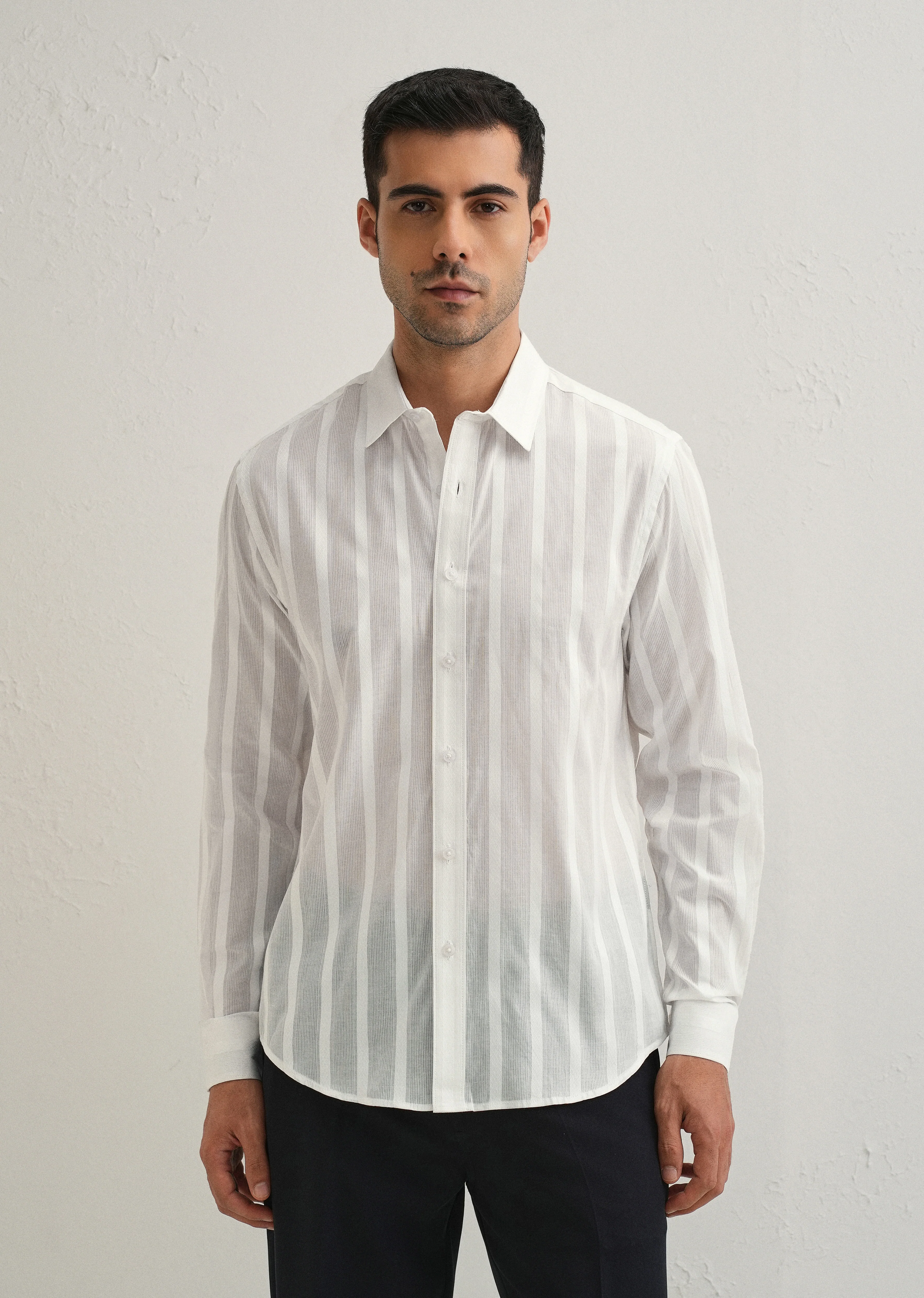 White Self Pattern Blended Cotton Shirt - Image 3