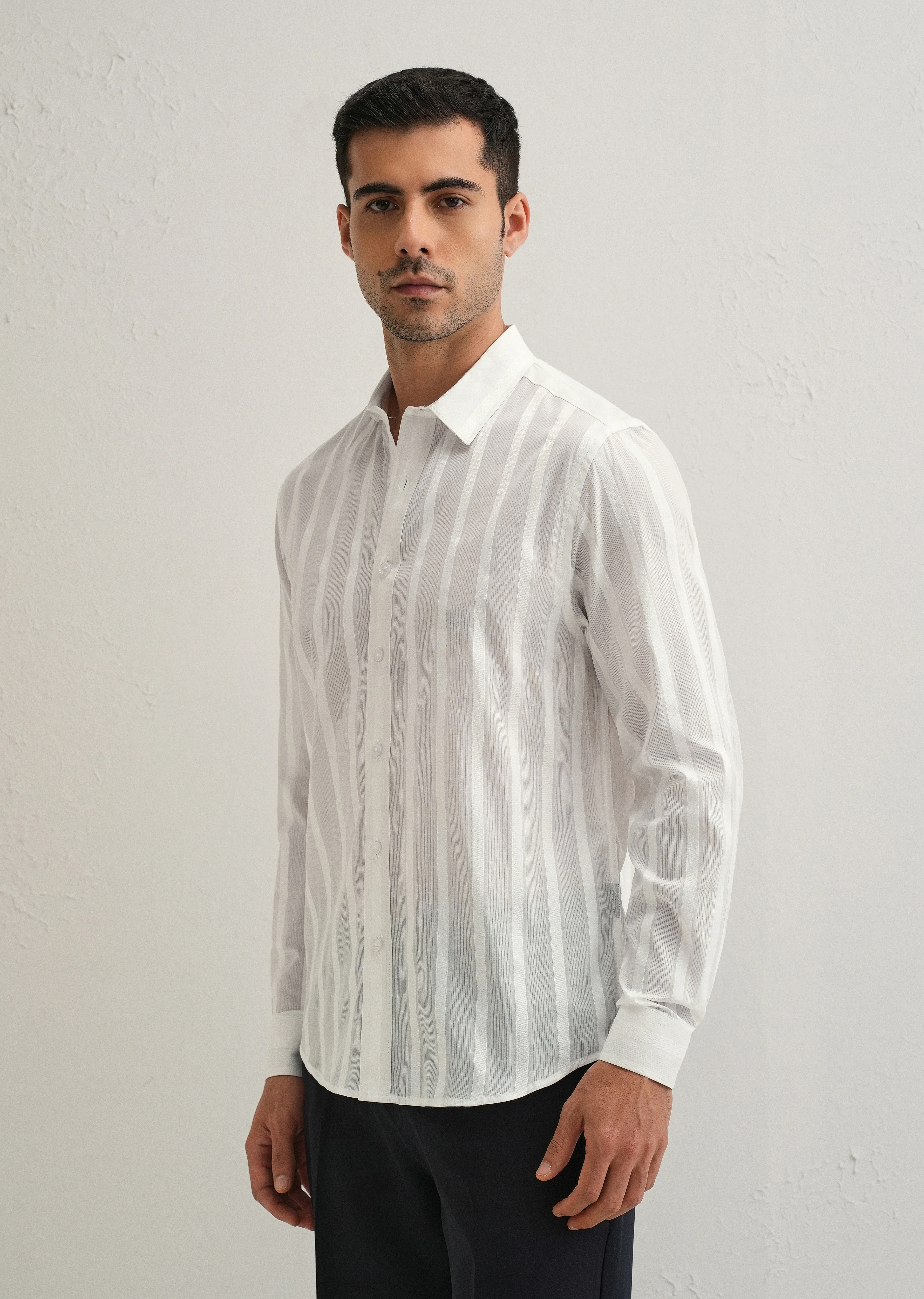 White Self Pattern Blended Cotton Shirt - Image 4