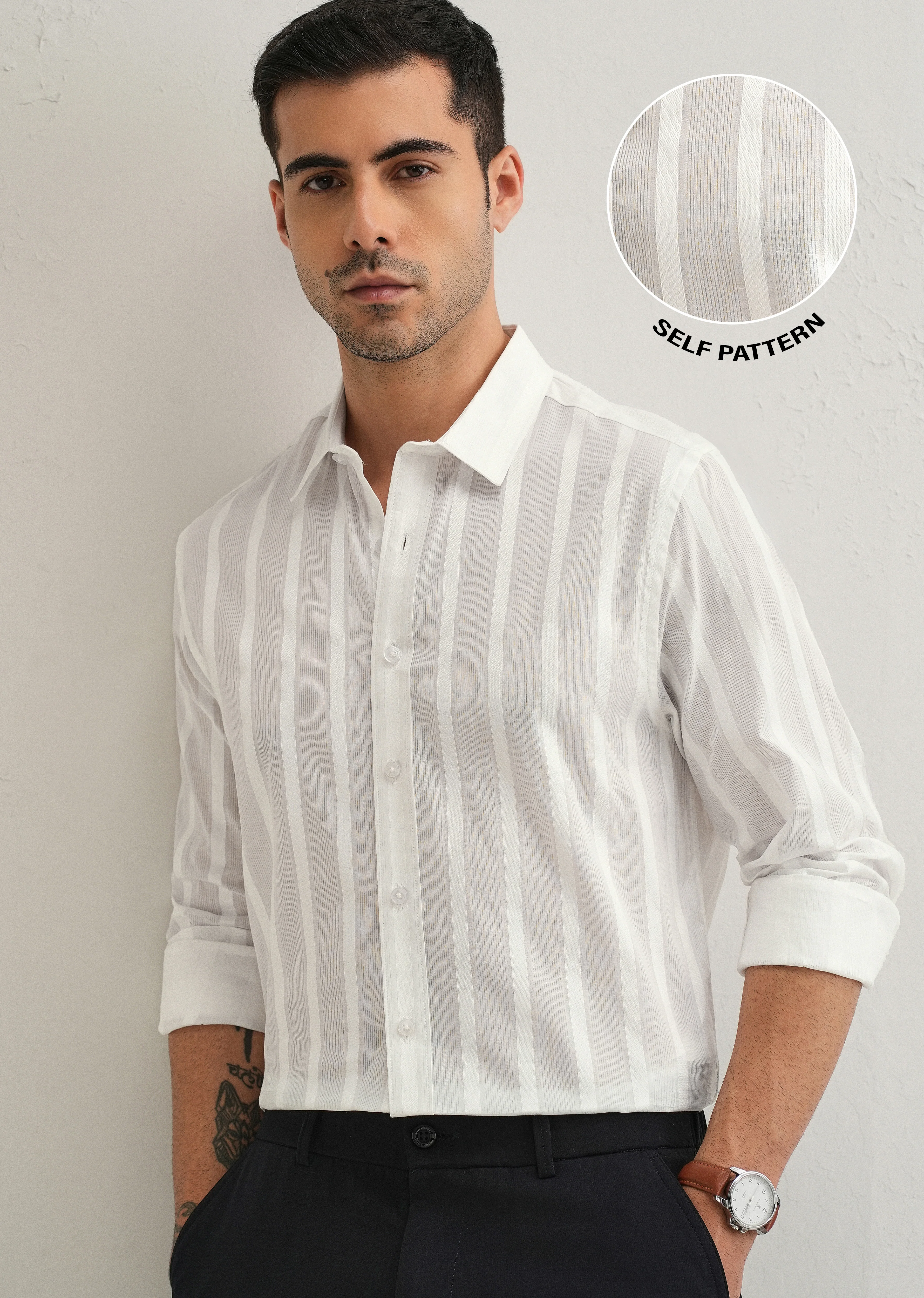 White Self Pattern Blended Cotton Shirt - Image 7
