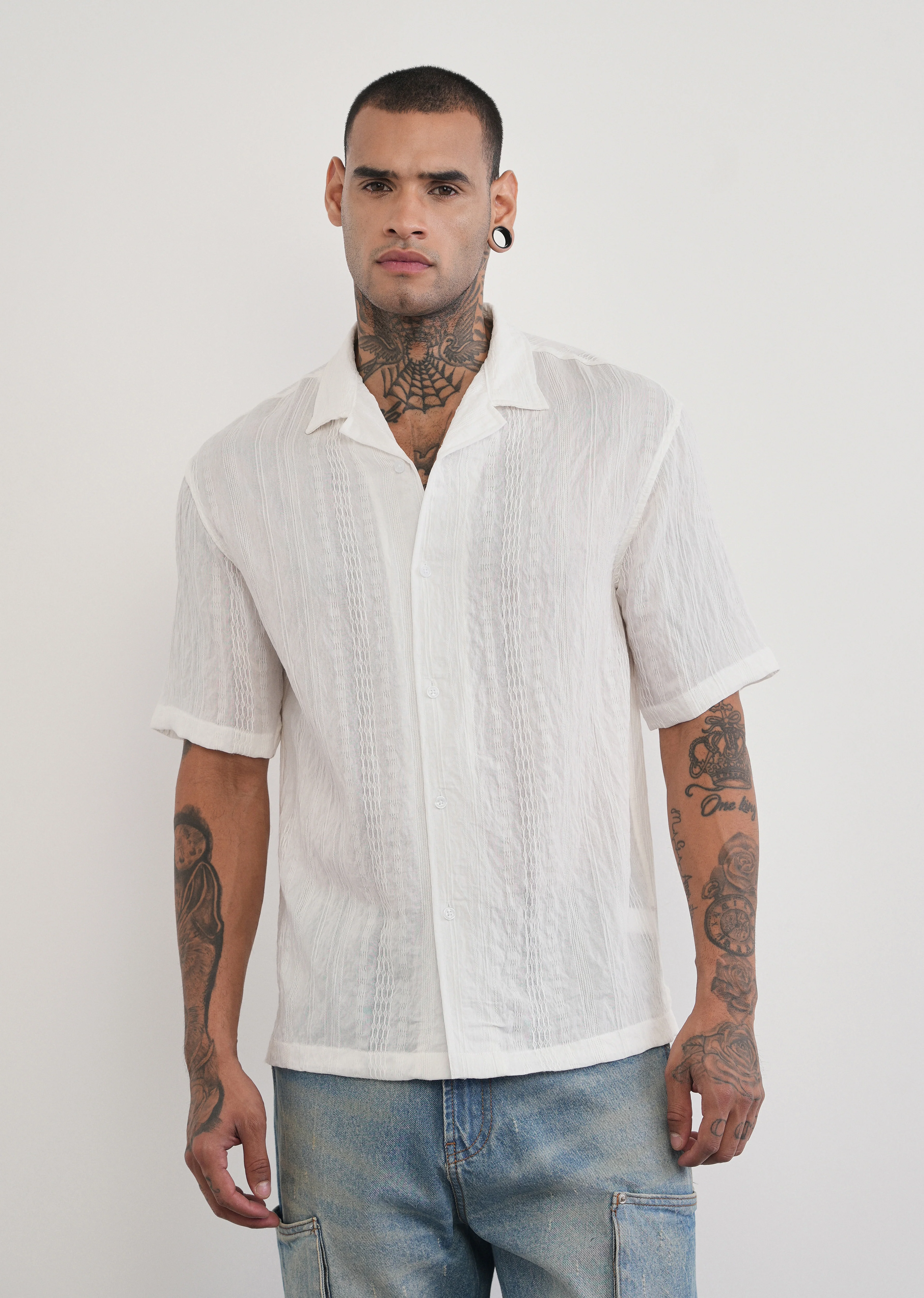 White Self Patterned Shirt - Image 3