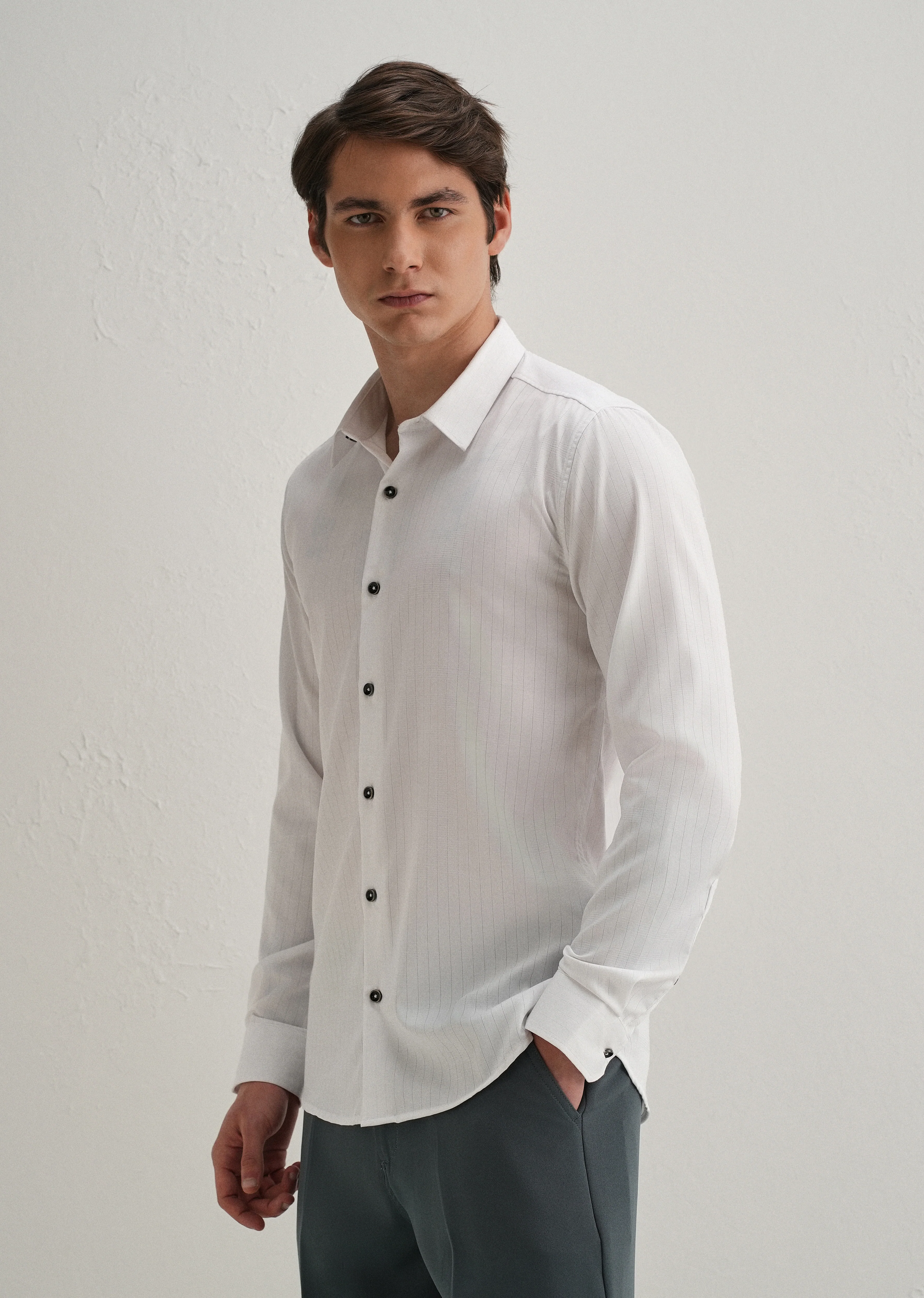 White Self Striped Plain Shirt - Image 4