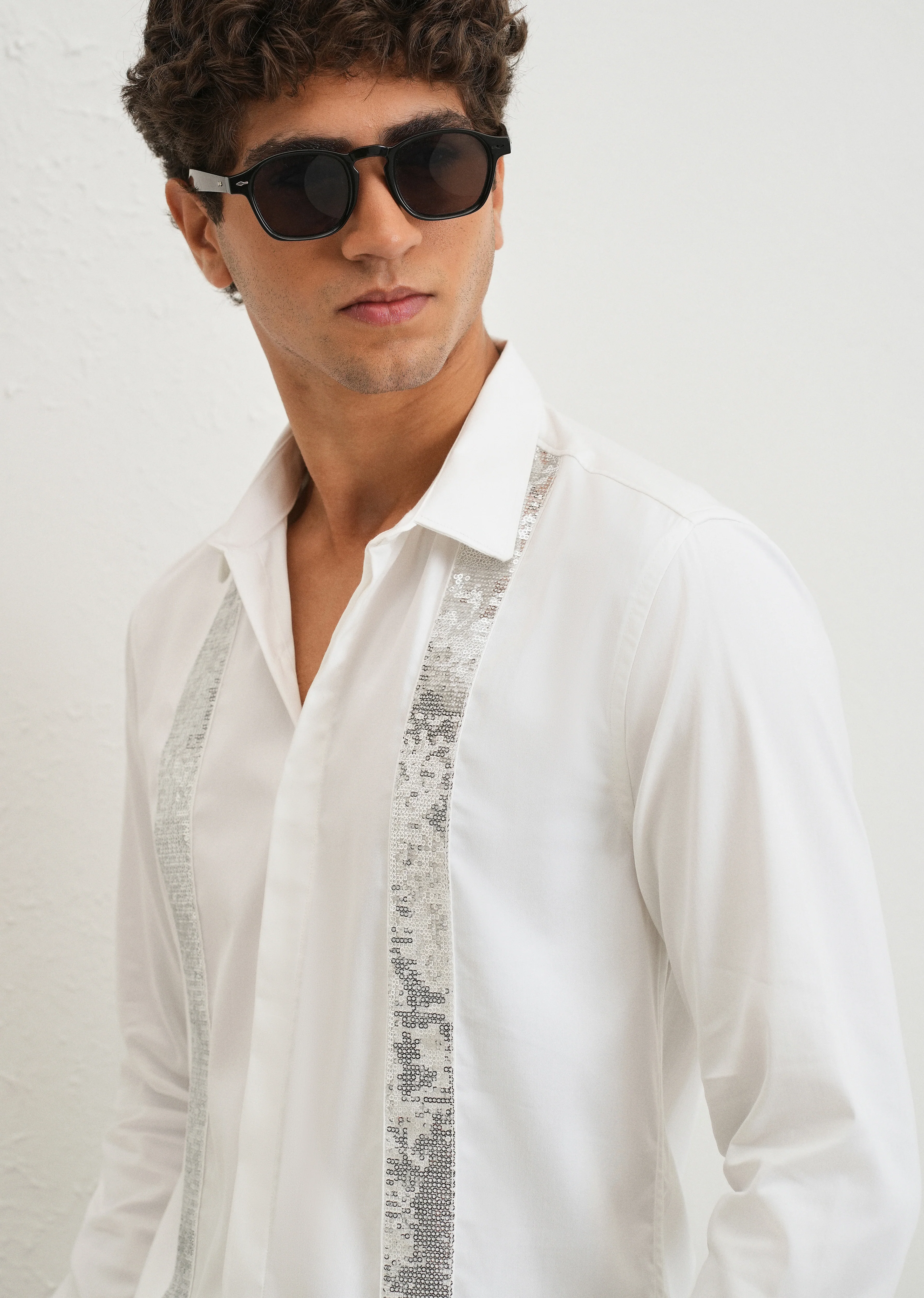 White Sequence Panel Designer Shirt - Image 2