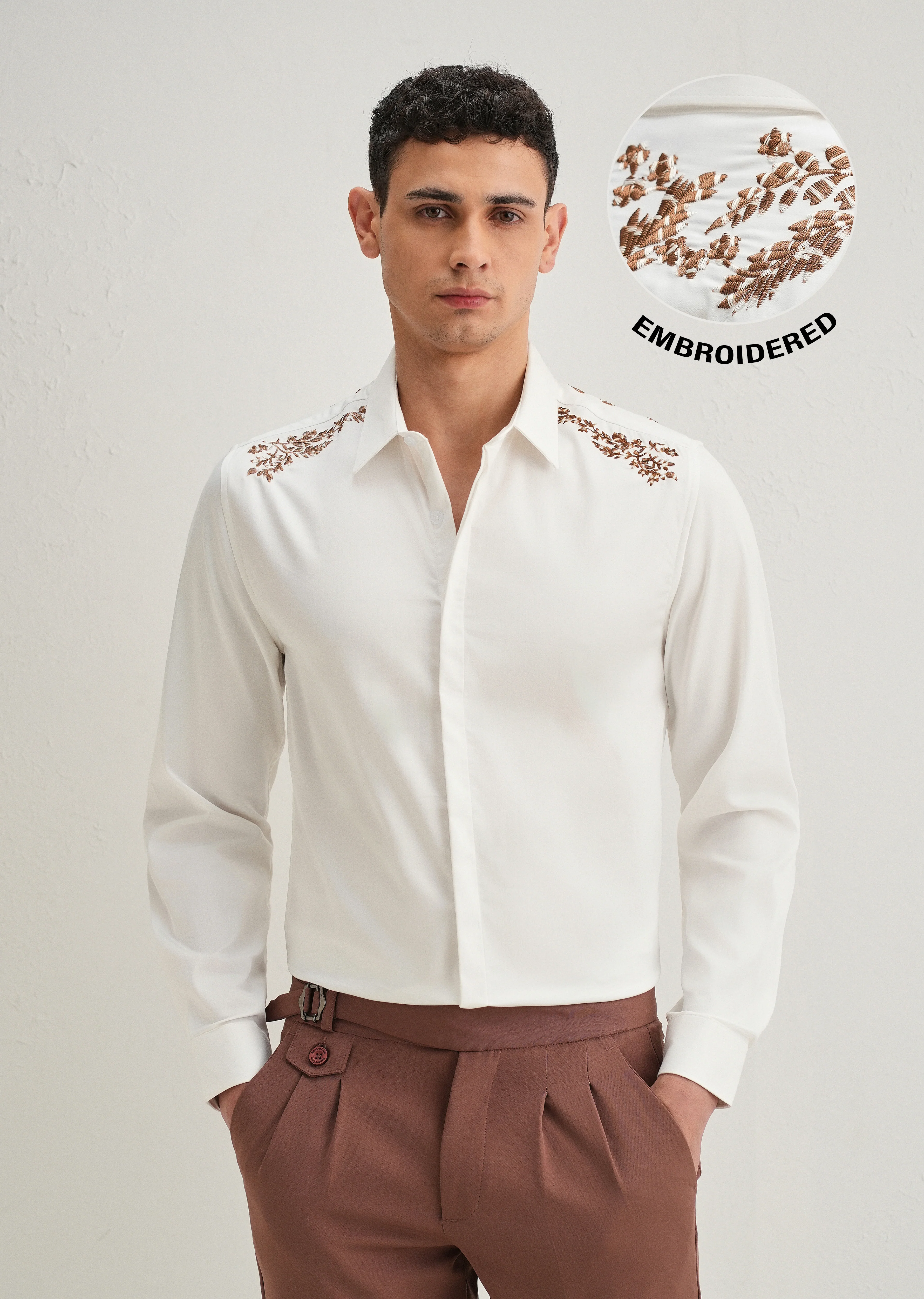 White Shoulder Embroidery Designer Shirt - Image 3