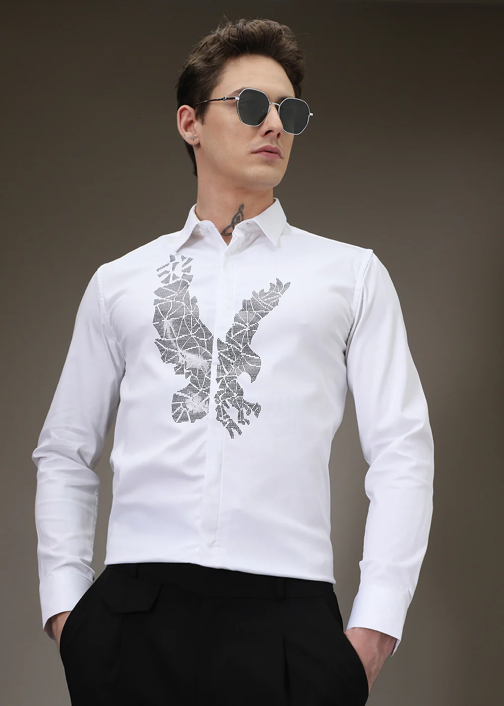 White Soar Eagle Sequin Designer Shirt - Image 7