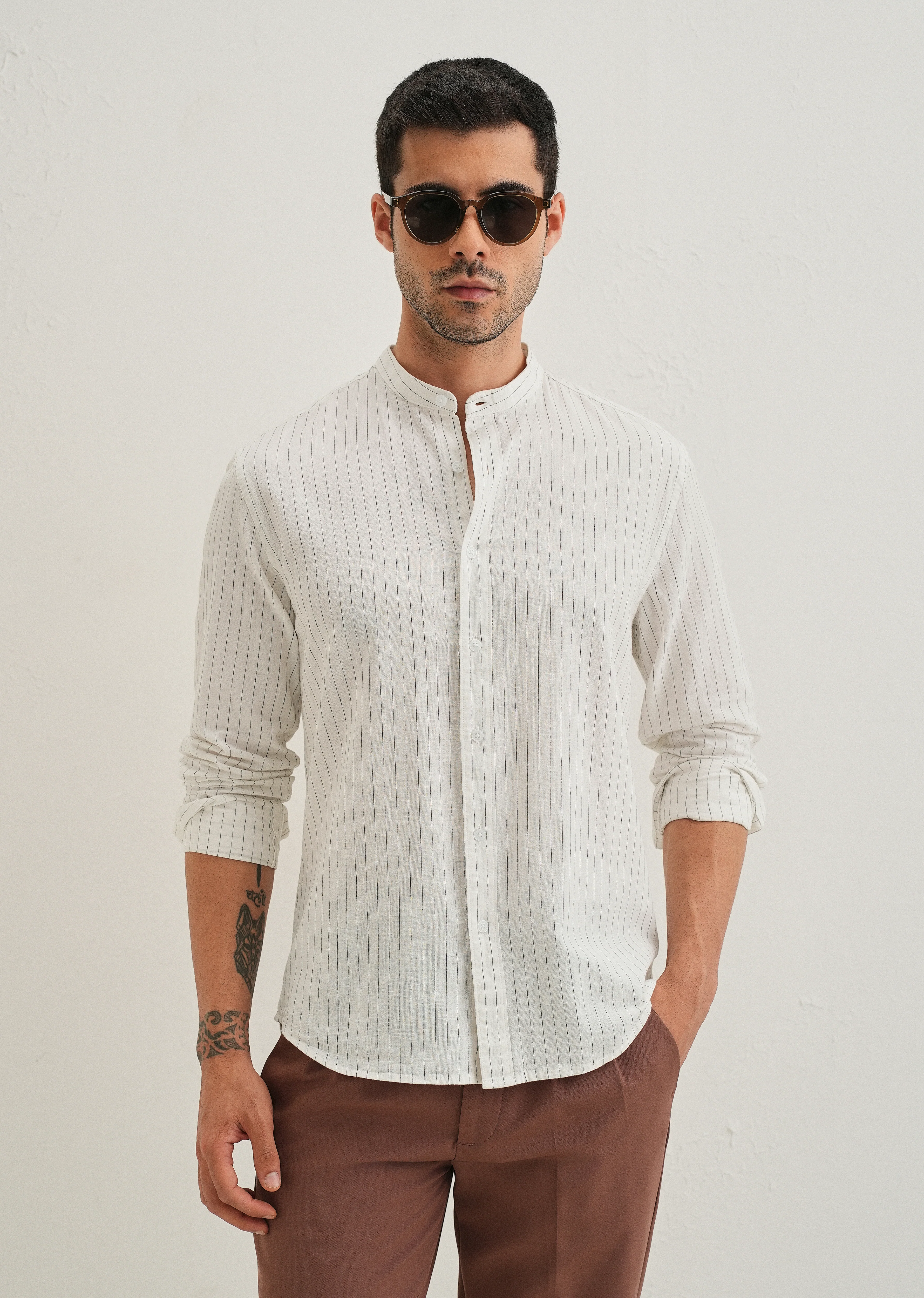 White Striped Mandarin Collar Cotton Shirt - Image 2