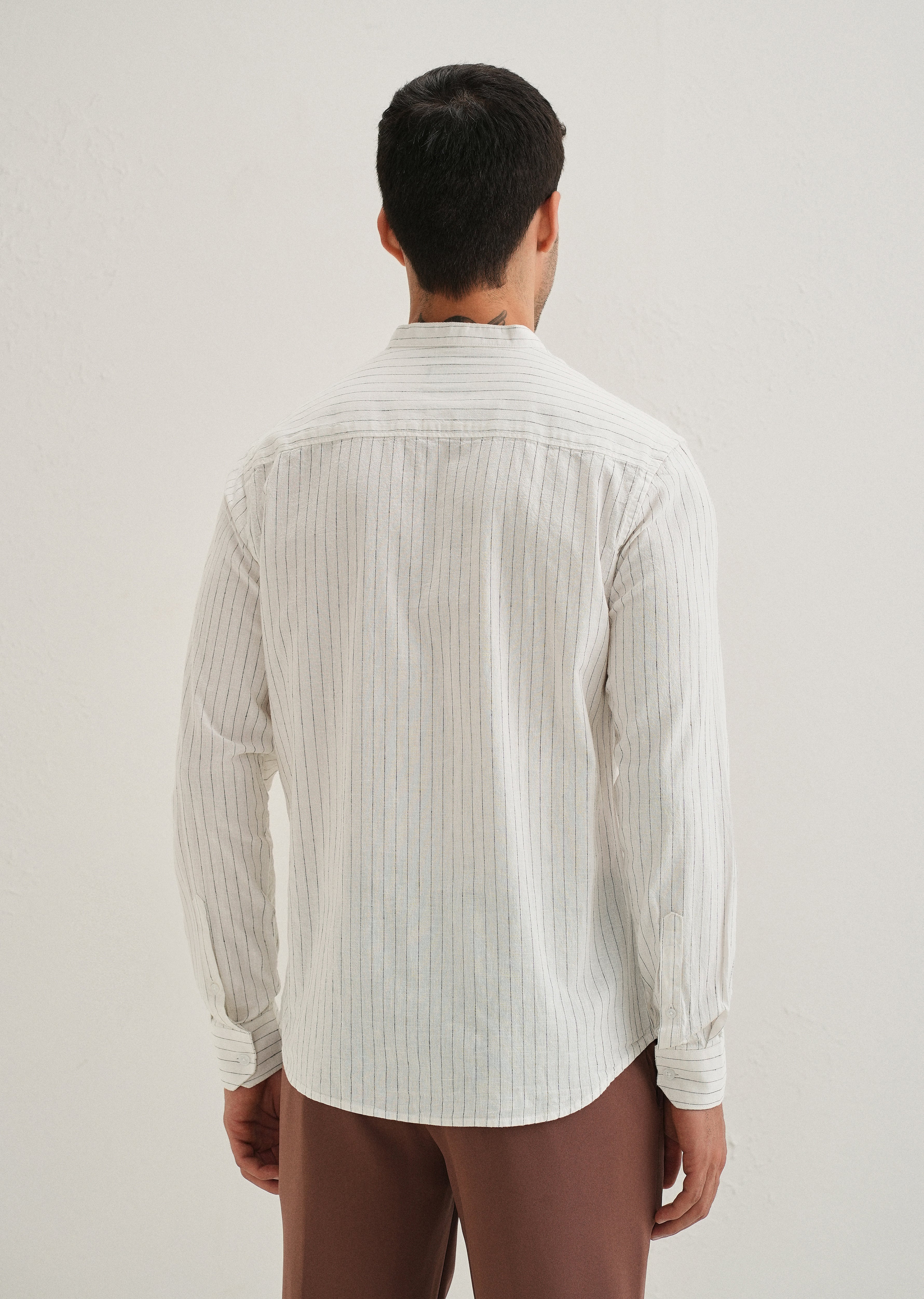 White Striped Mandarin Collar Cotton Shirt - Image 5