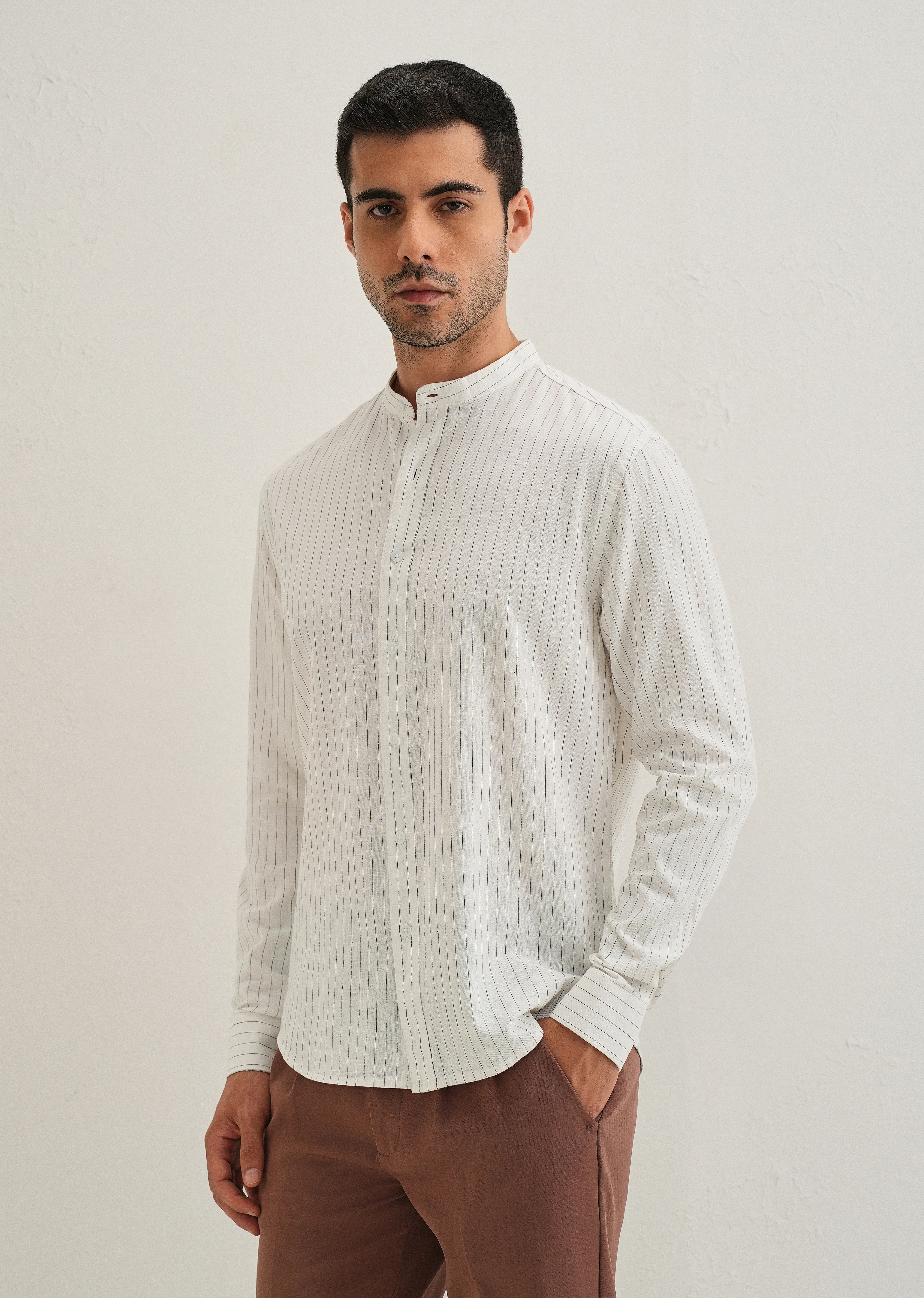 White Striped Mandarin Collar Cotton Shirt - Image 6
