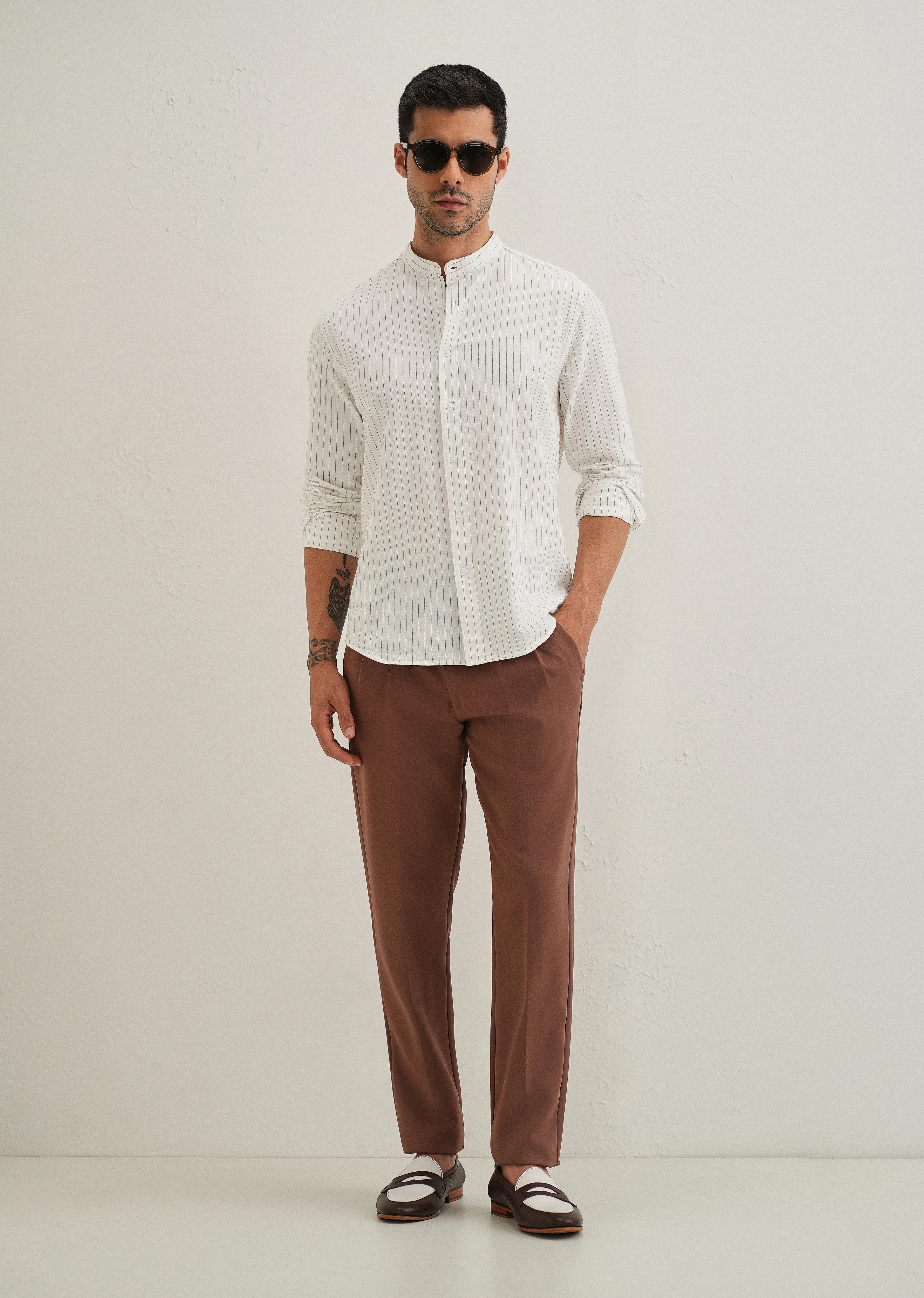 White Striped Mandarin Collar Cotton Shirt - Image 7
