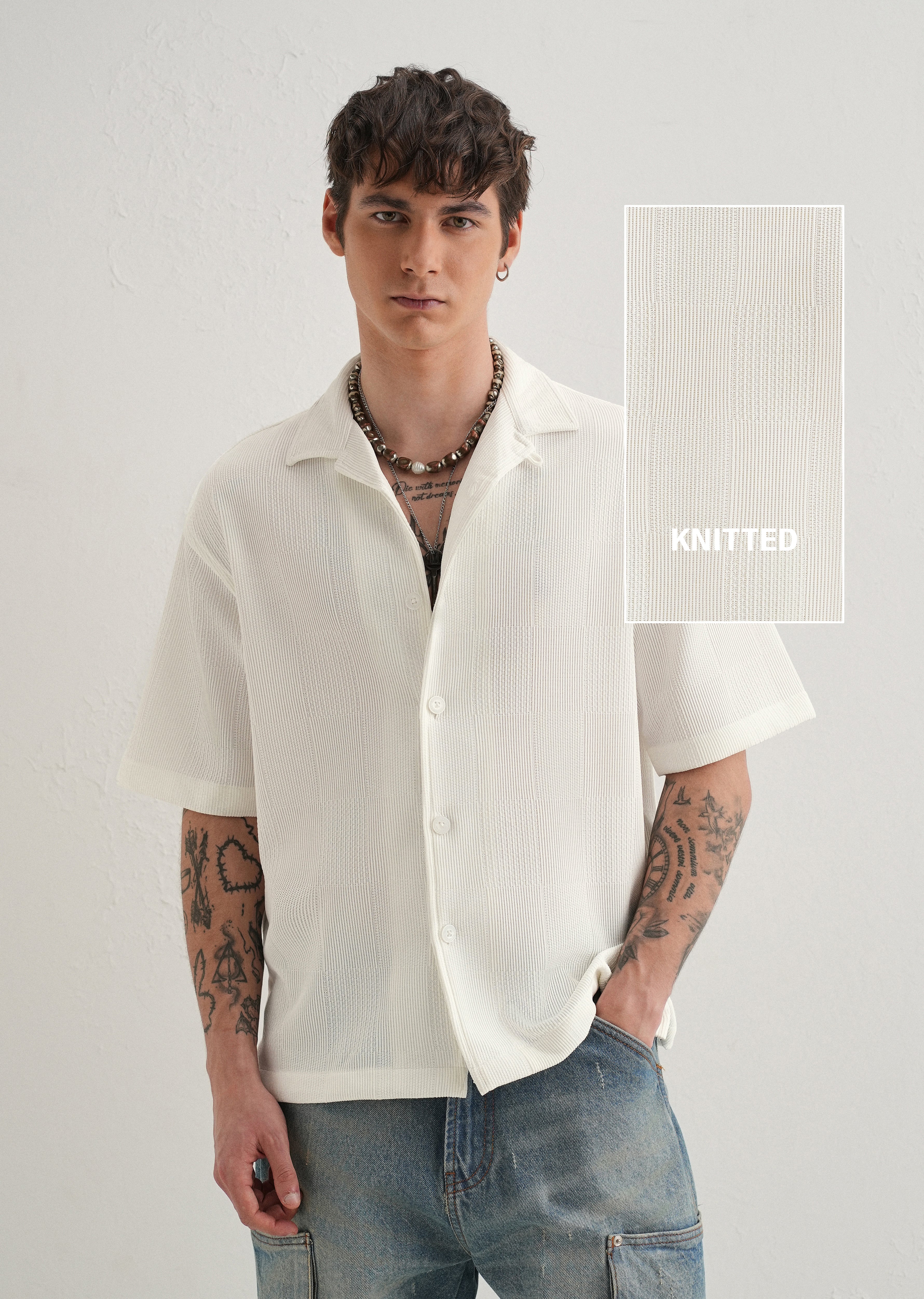 White Textured Check Knit Shirt - Image 7
