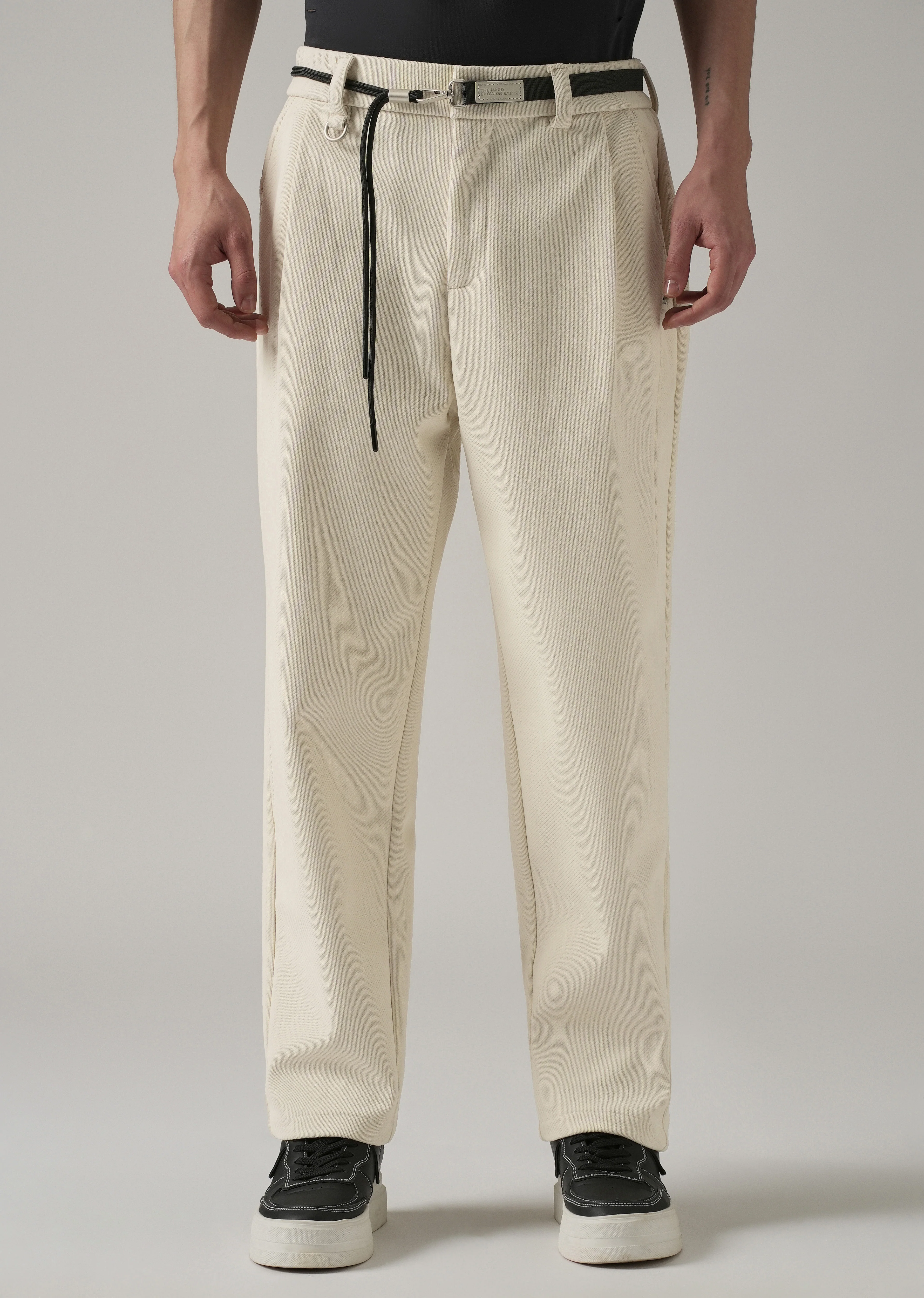 White Textured Corduroy Belt Pant - Image 3