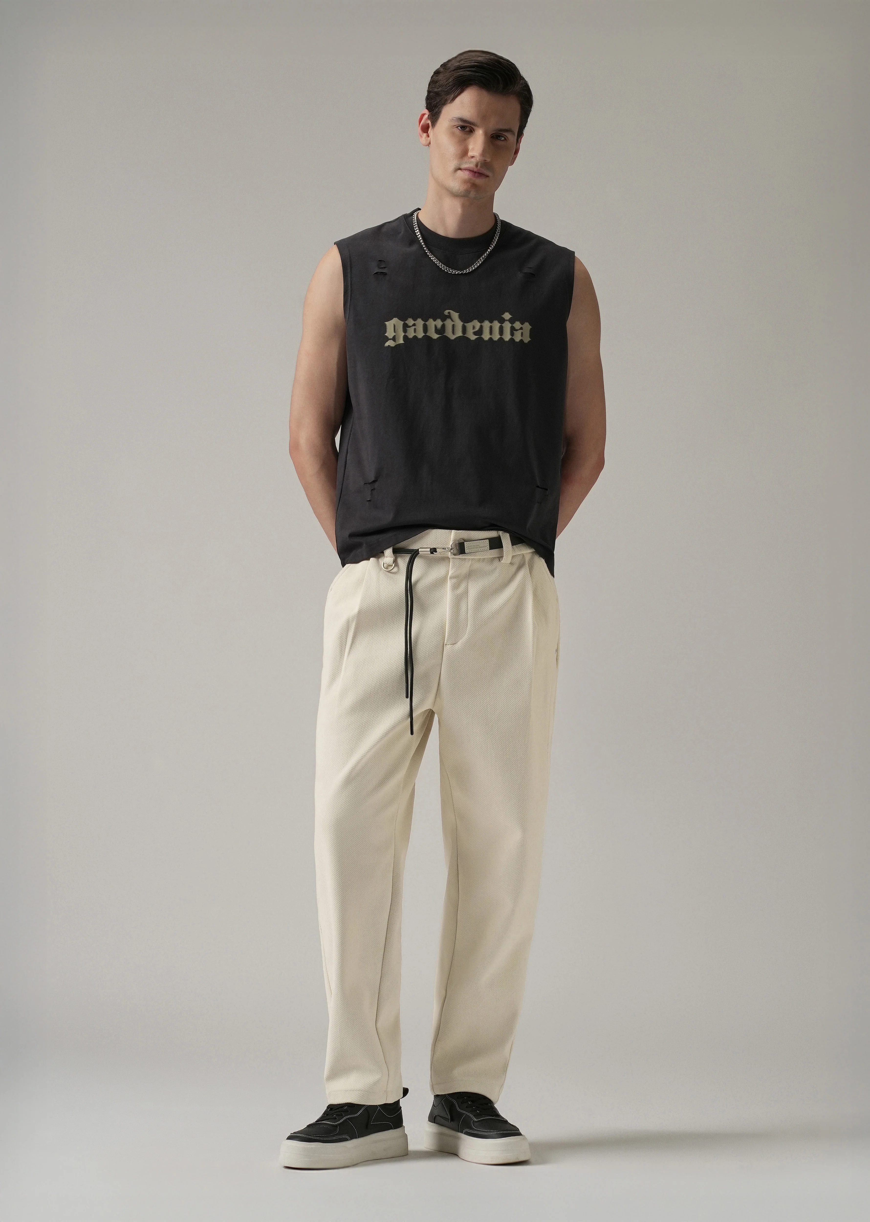 White Textured Corduroy Belt Pant - Image 6