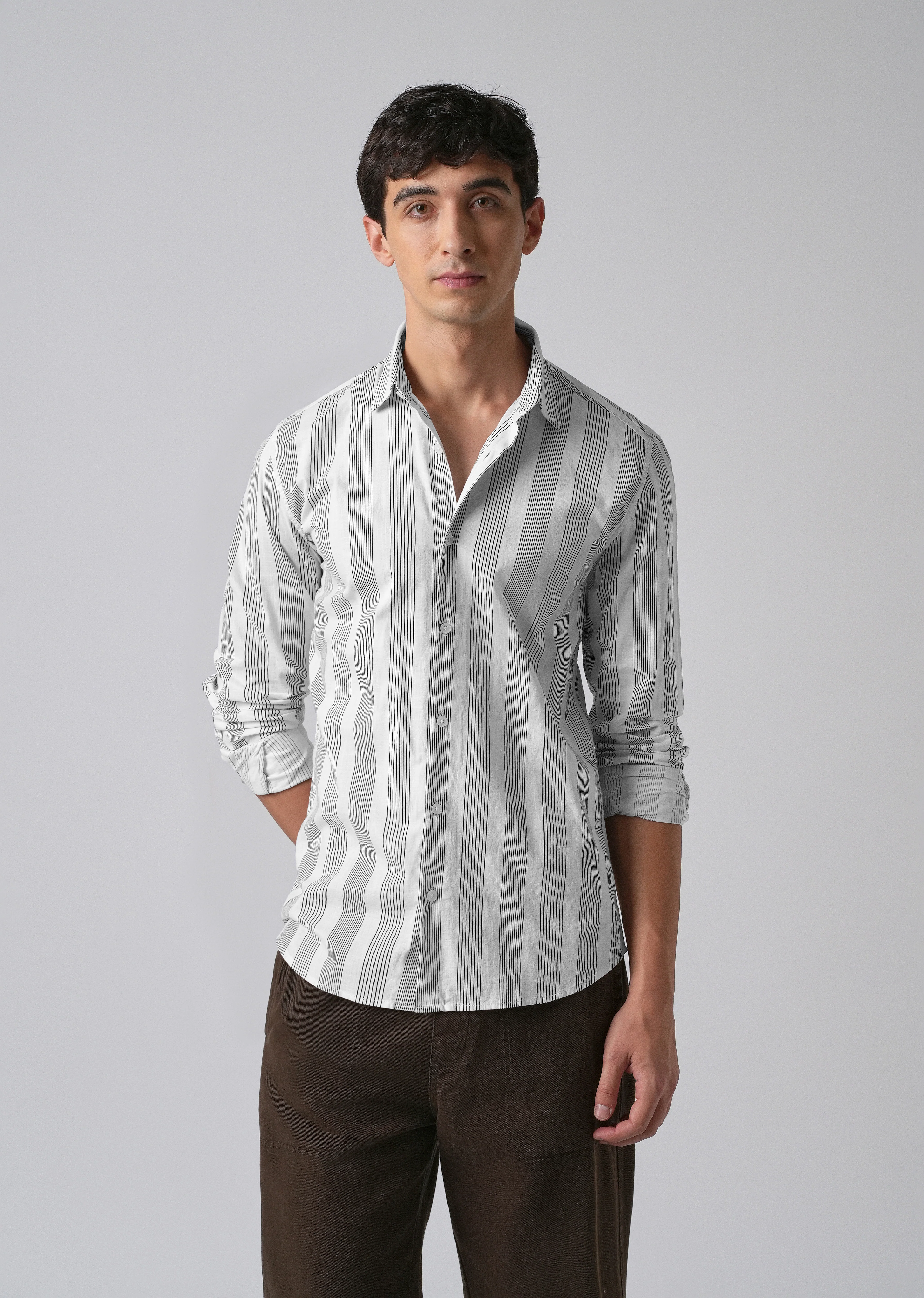 White Vertical Pin Stripe Cotton/Linen Shirt - Image 7