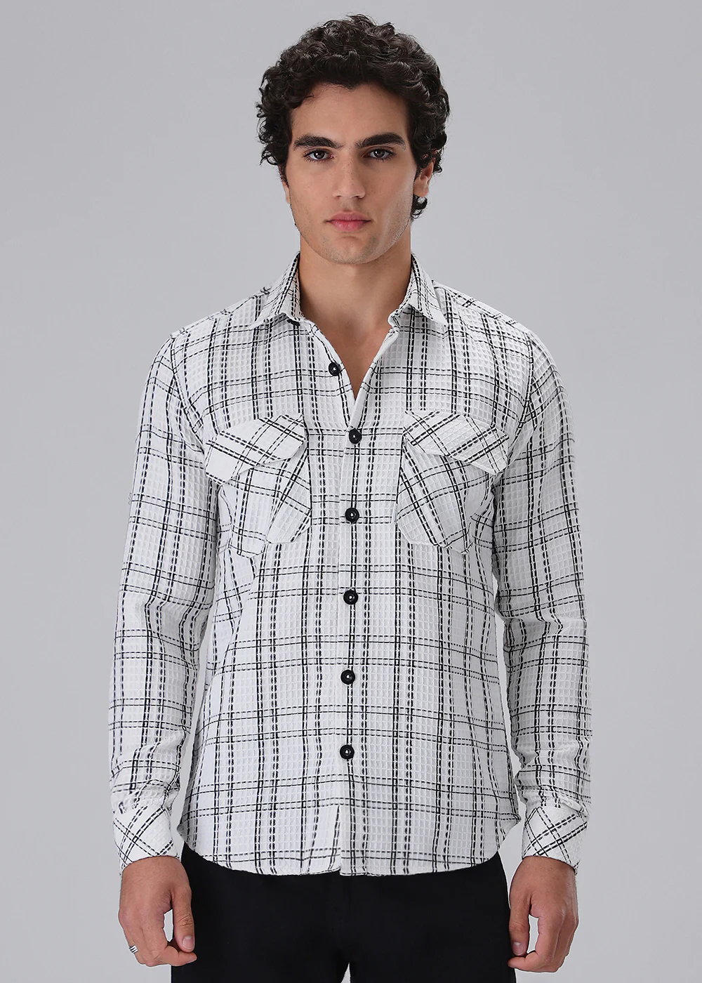 White Waffle Plaid Check Shirt - Image 3