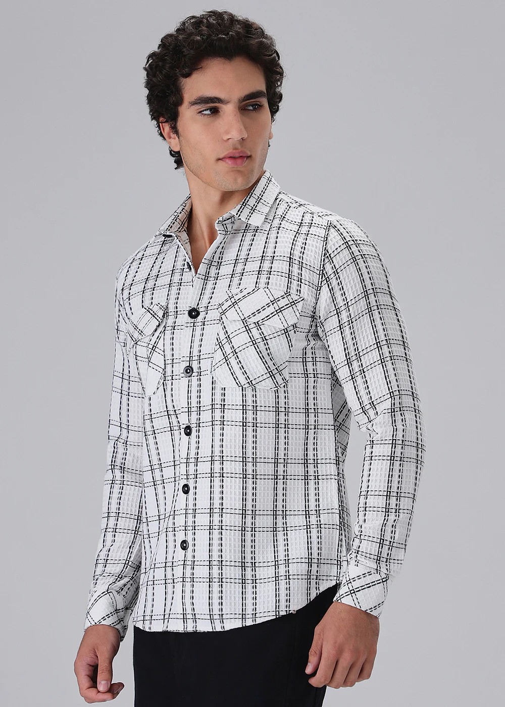 White Waffle Plaid Check Shirt - Image 5