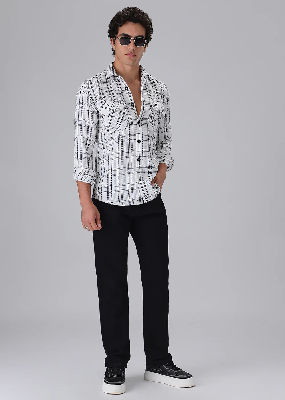 White Waffle Plaid Check Shirt - Image 6
