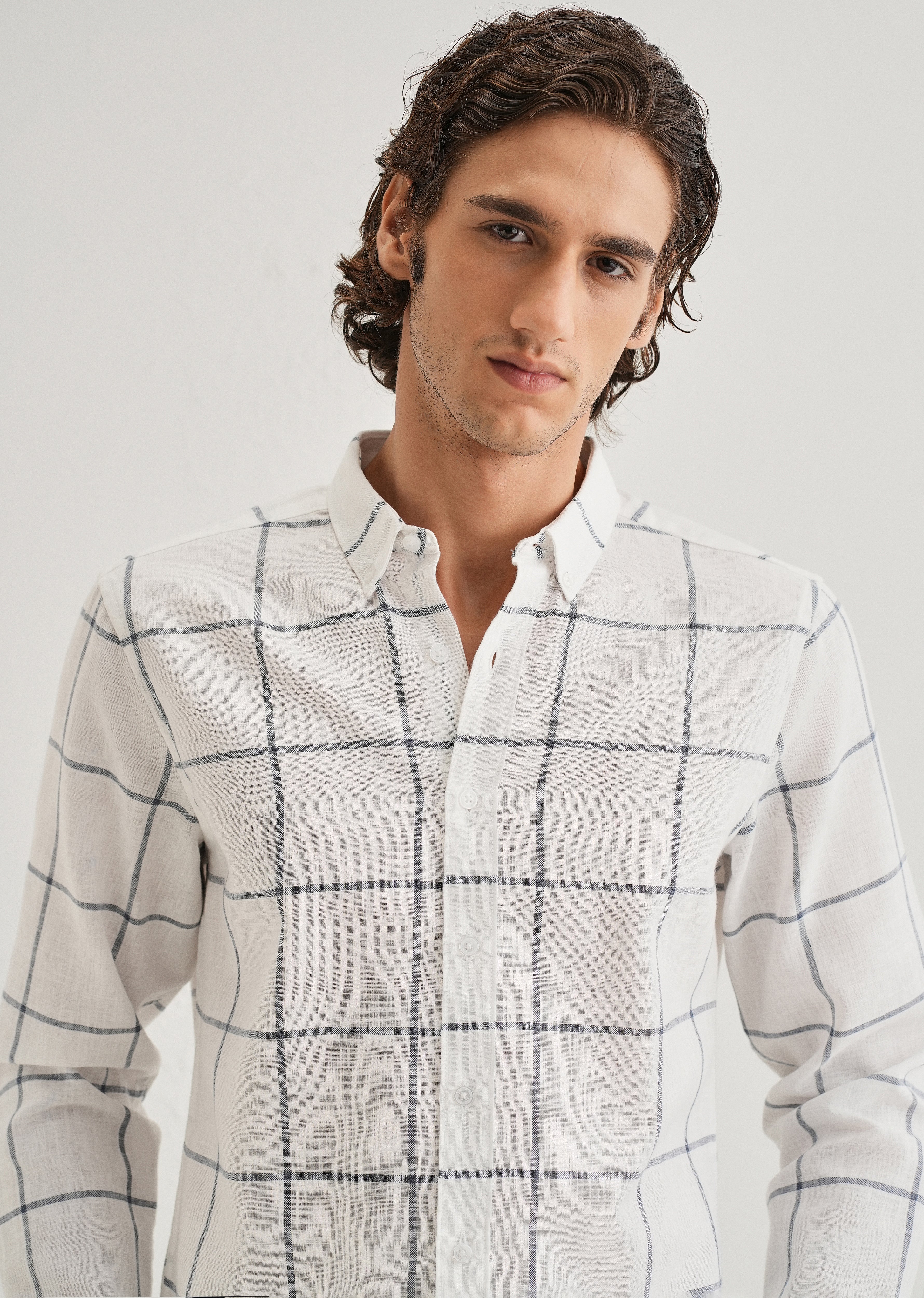 White Windowpane Check Blended Linen Shirt - Image 5