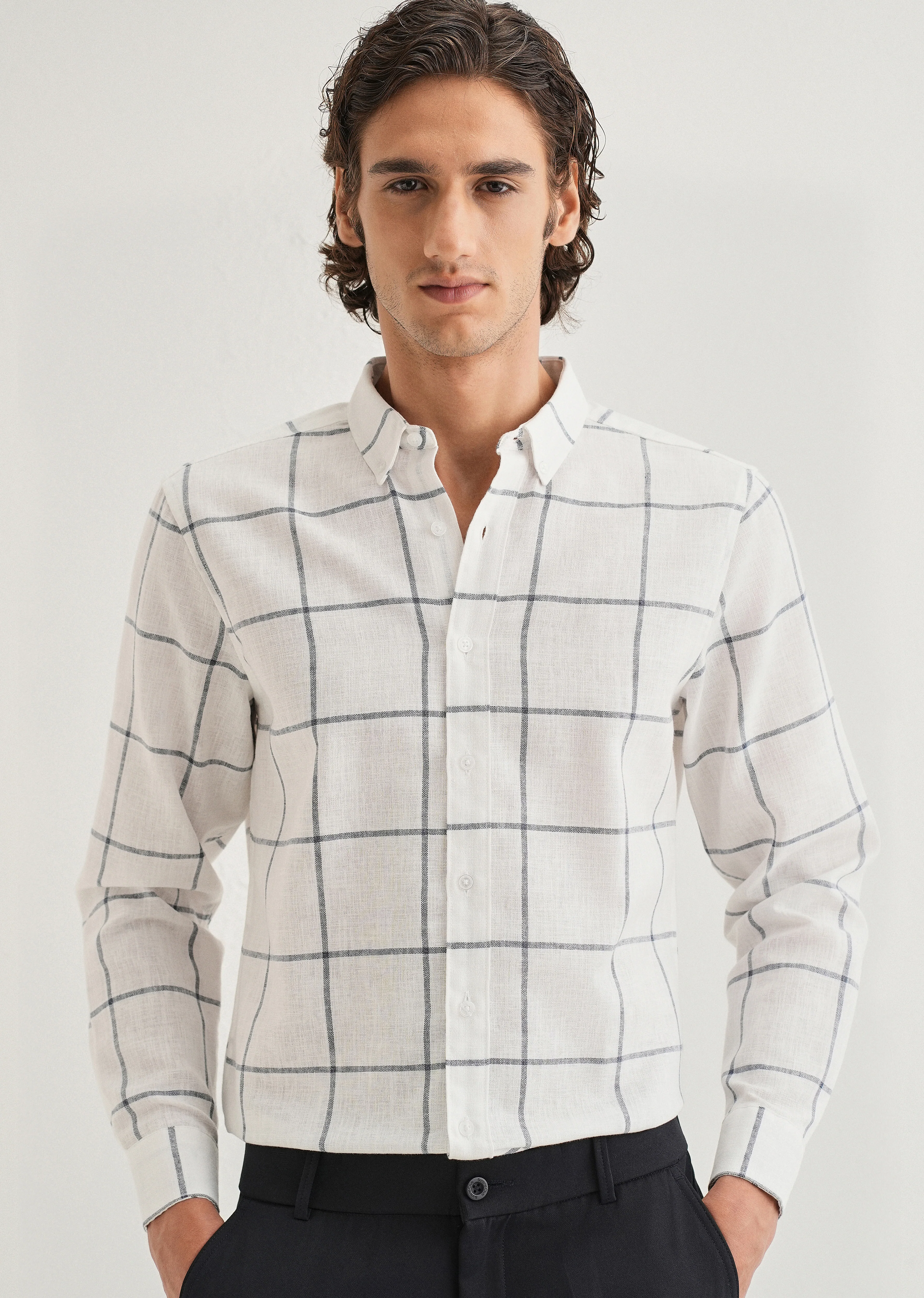 White Windowpane Check Blended Linen Shirt - Image 7