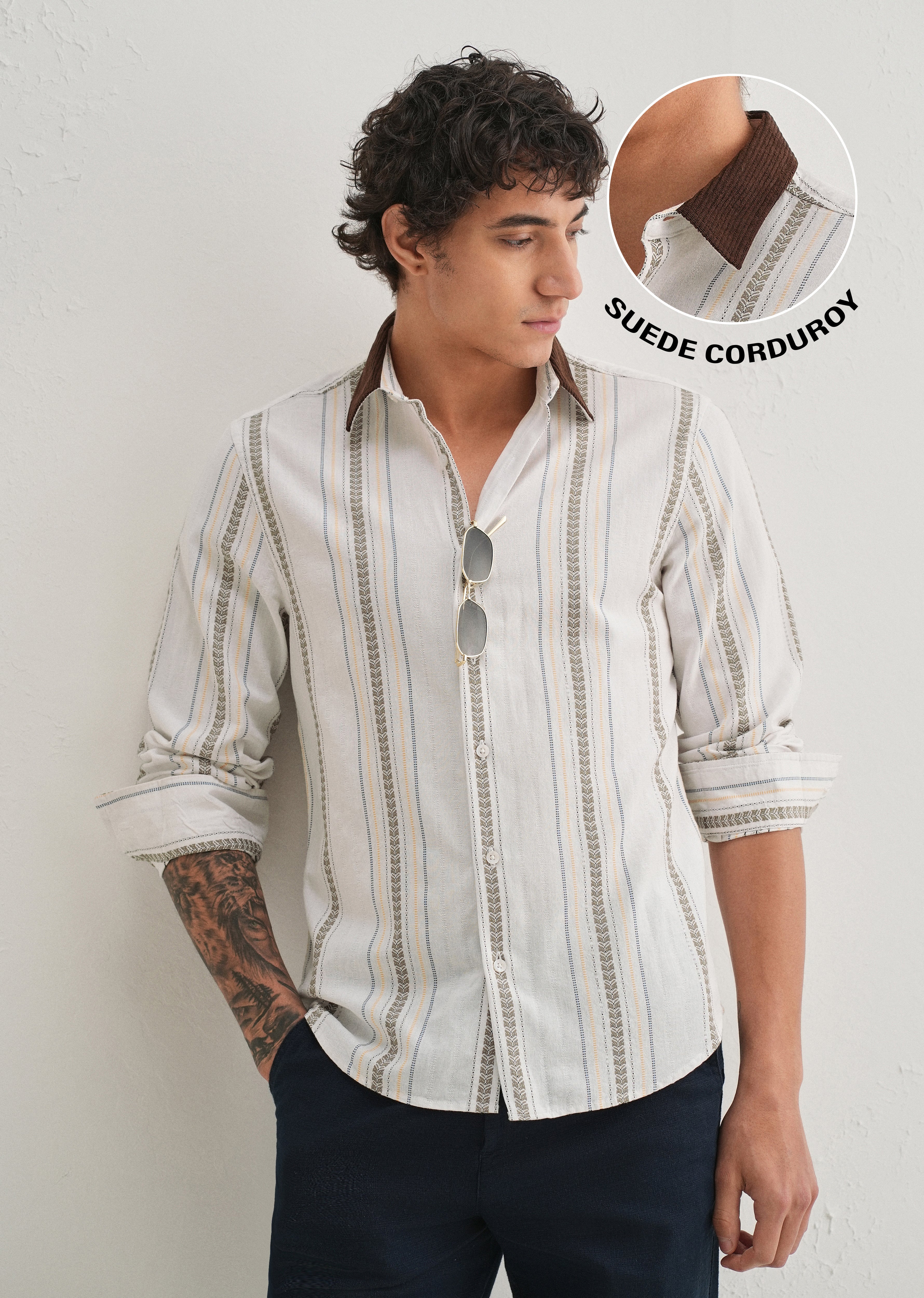 White Woven Striped Suede Collar Shirt - Image 8