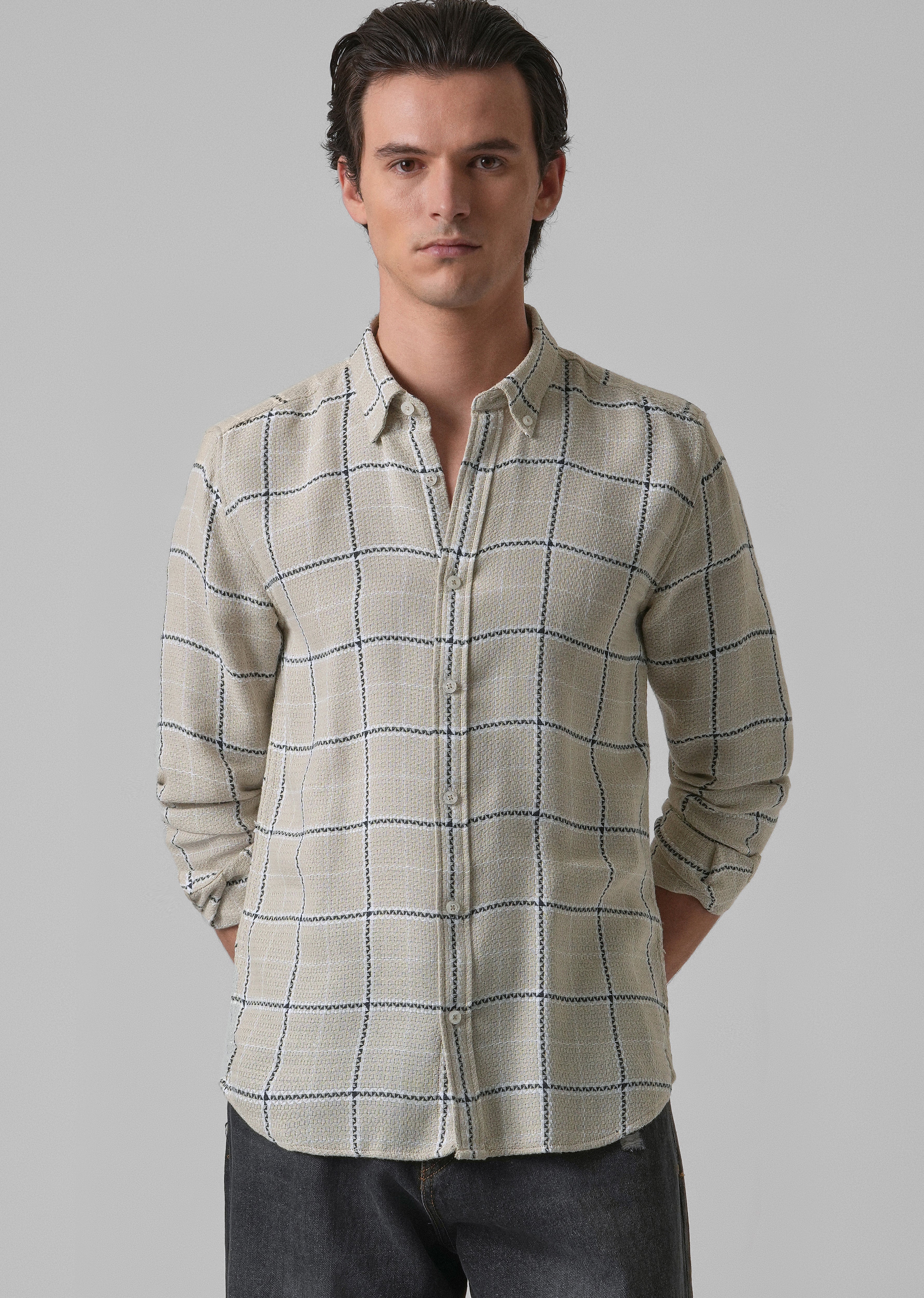 Widegrid Cream Check Shirt - Image 7