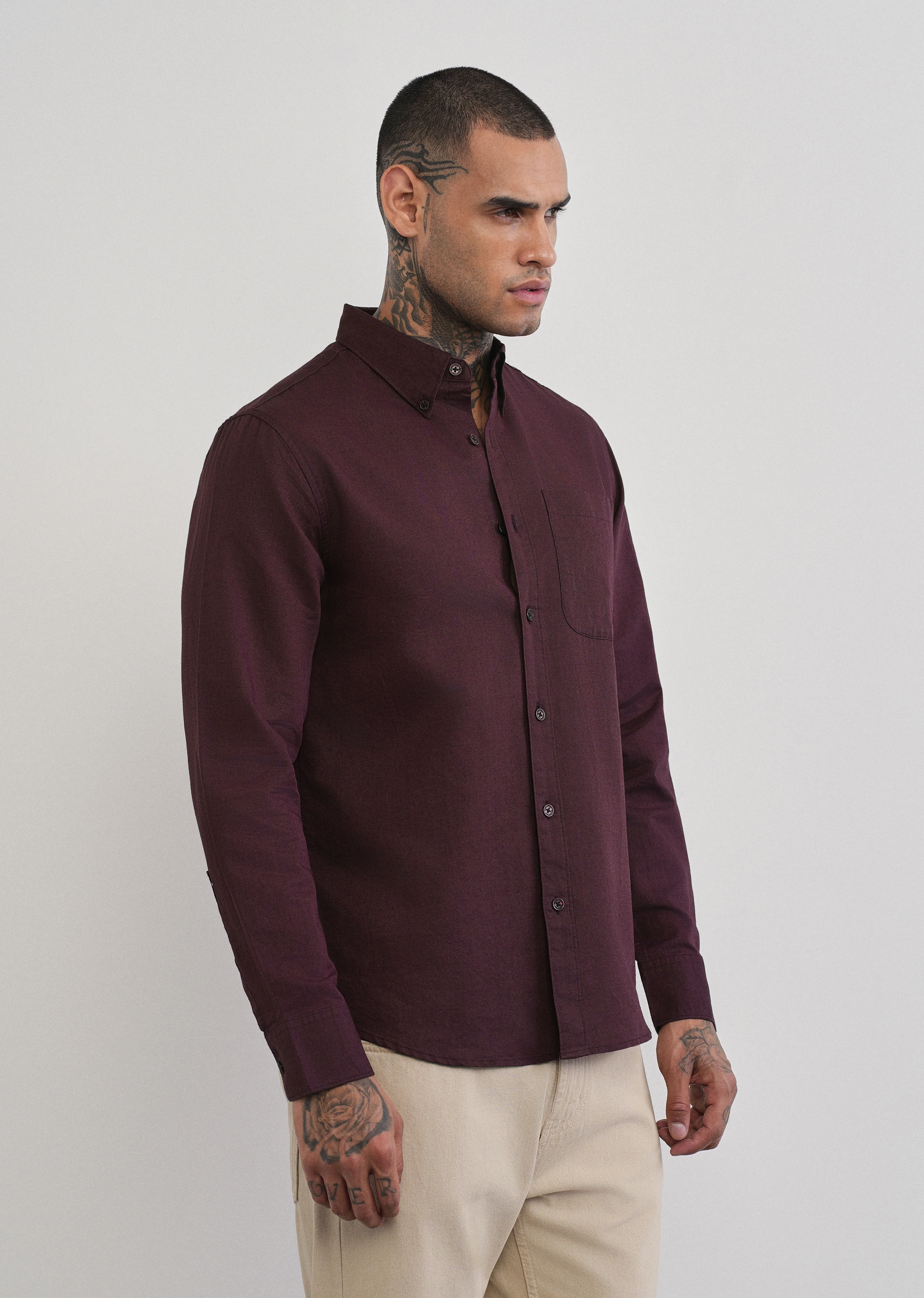Wine Cotton Linen Plain Shirt - Image 4