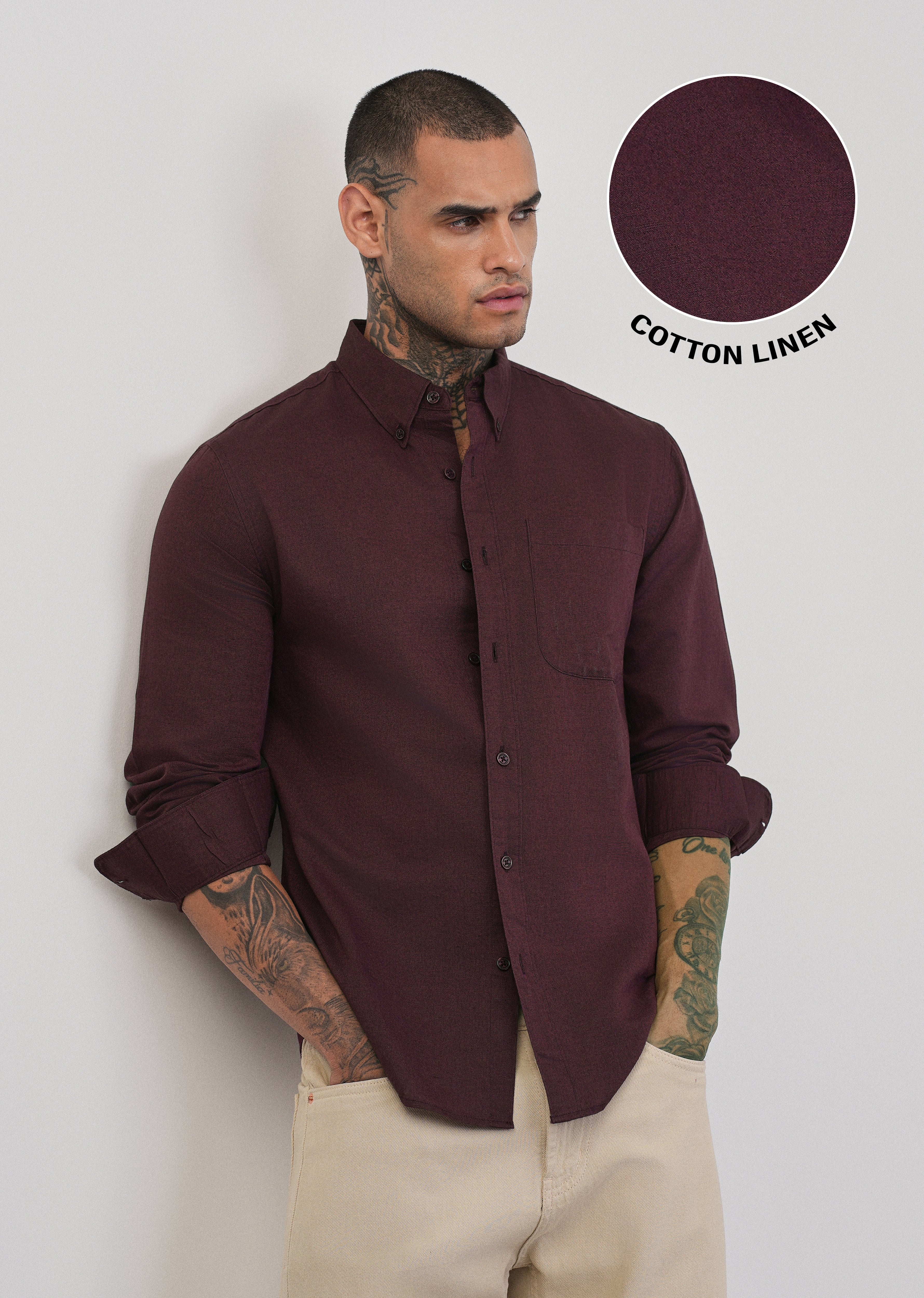 Wine Cotton Linen Plain Shirt - Image 7
