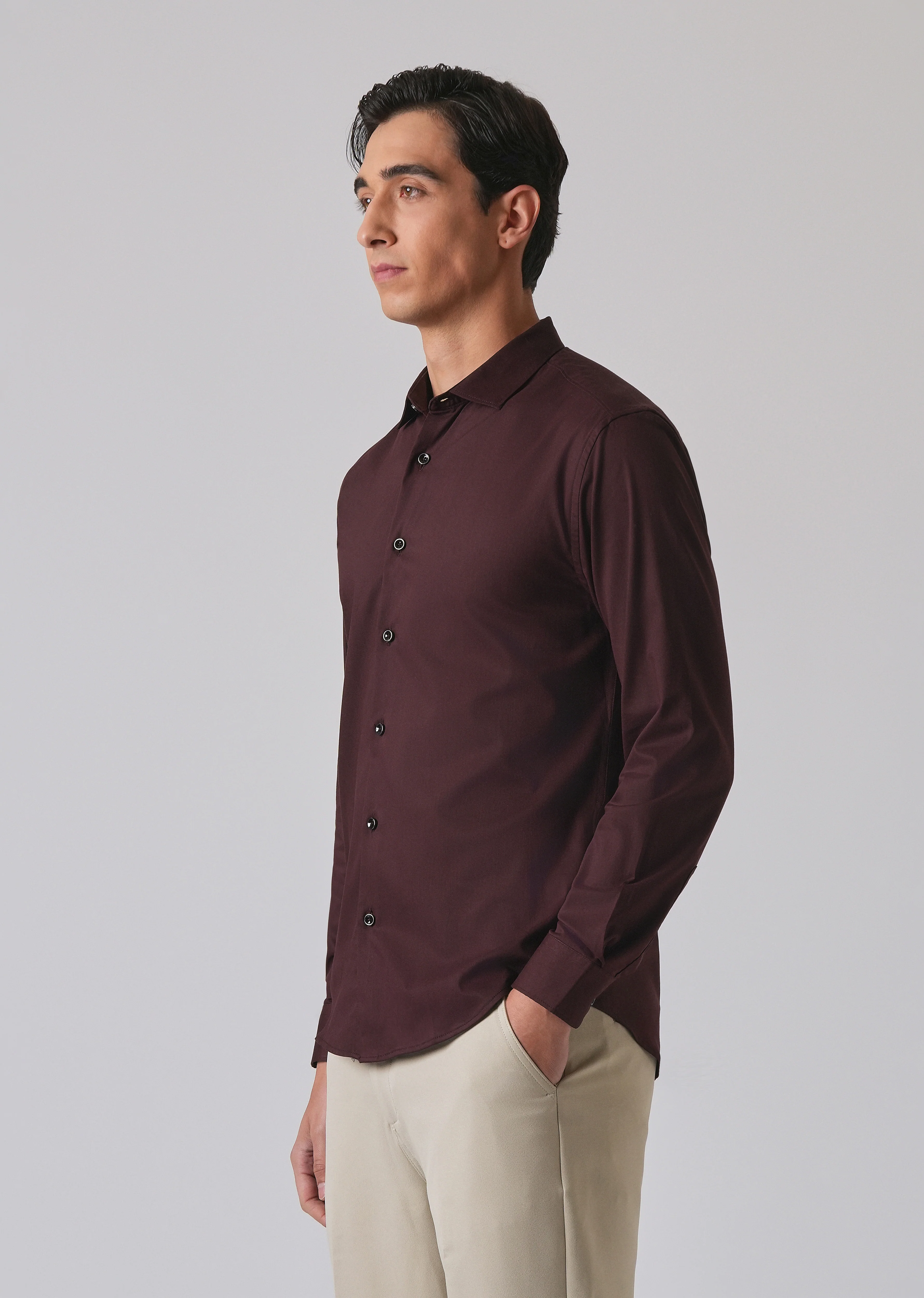 Wine Cotton Stretch Plain Shirt - Image 4