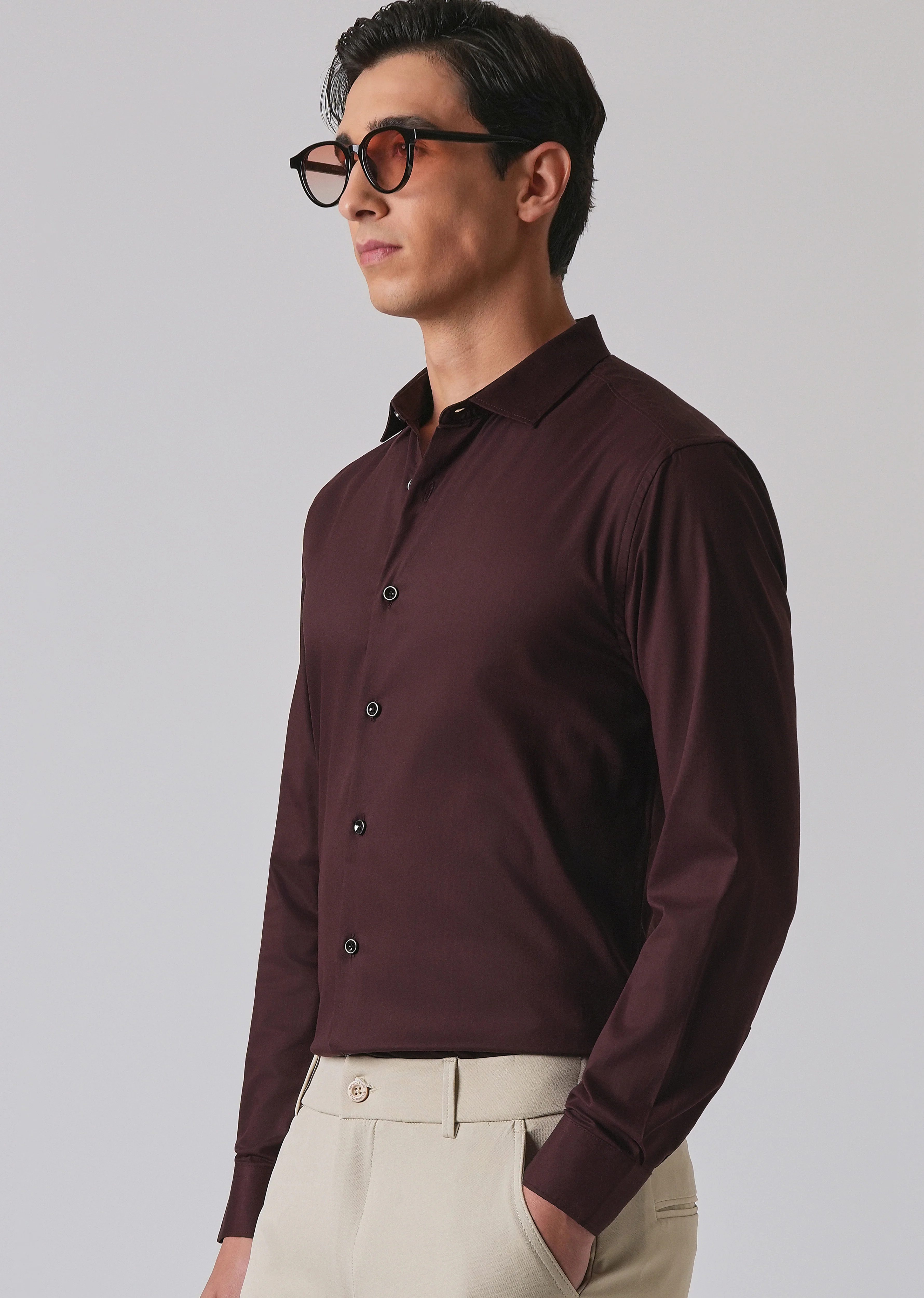 Wine Cotton Stretch Plain Shirt - Image 7