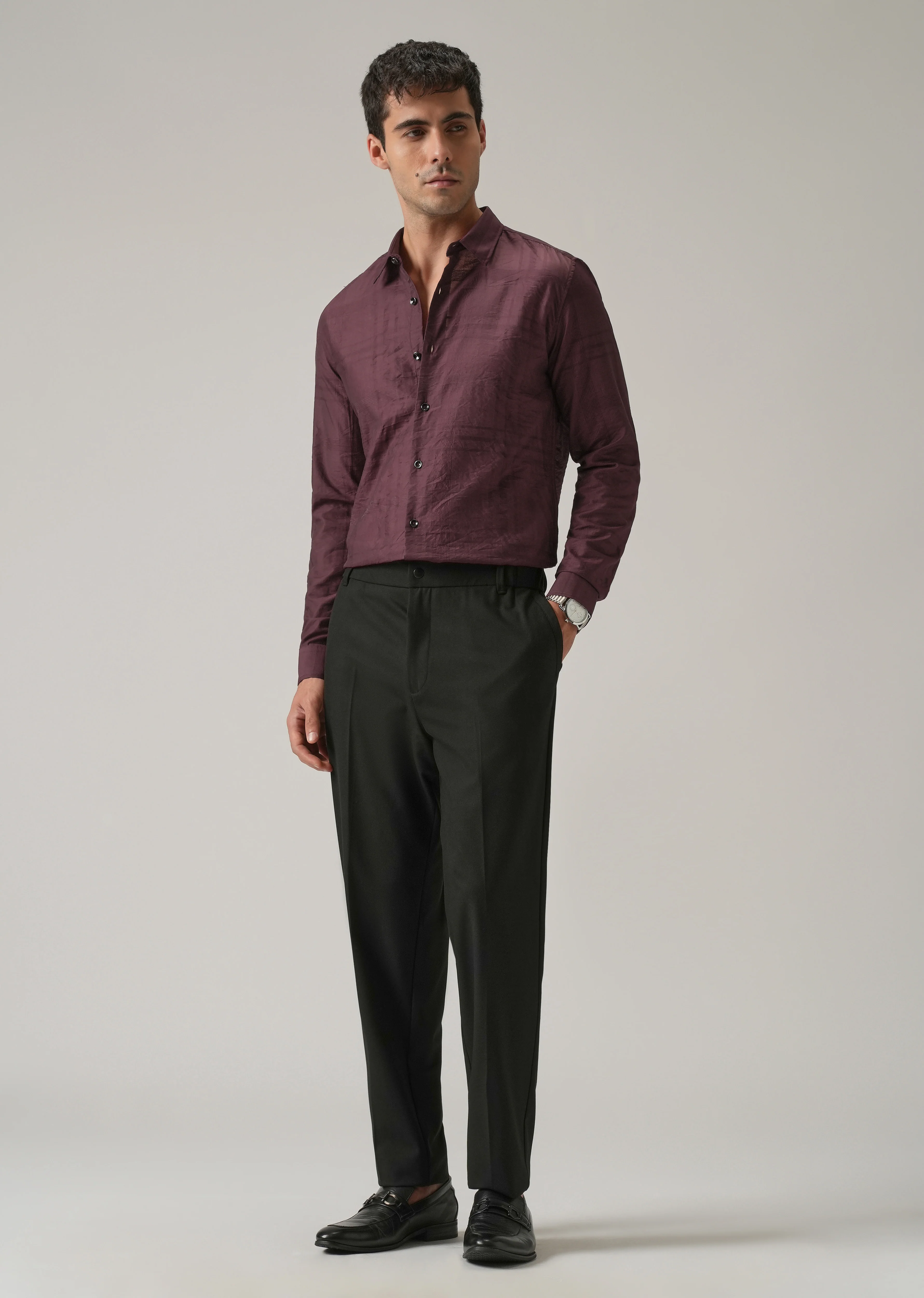 Wine Crinkled Self Stripe Shirt - Image 6