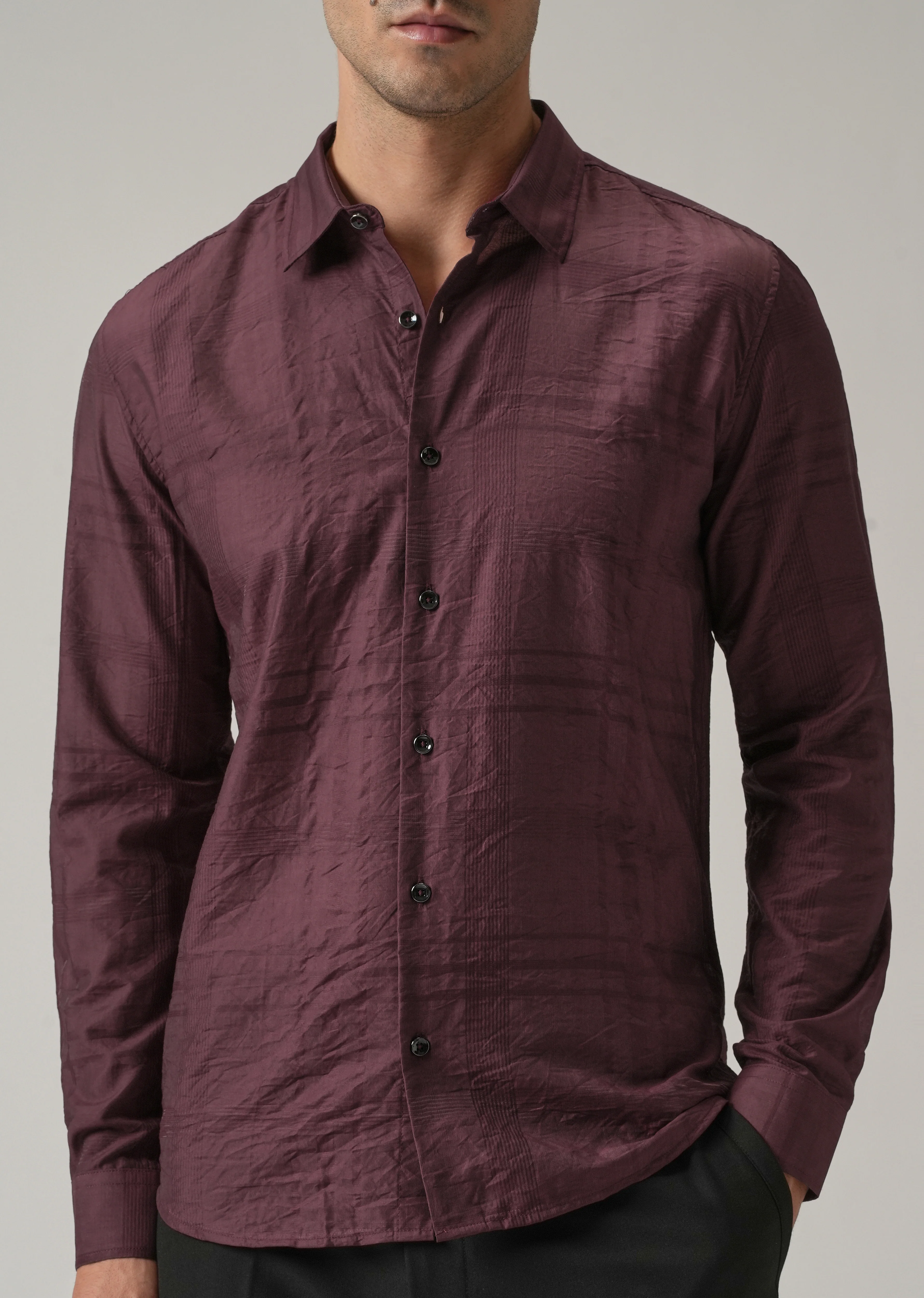 Wine Crinkled Self Stripe Shirt - Image 7
