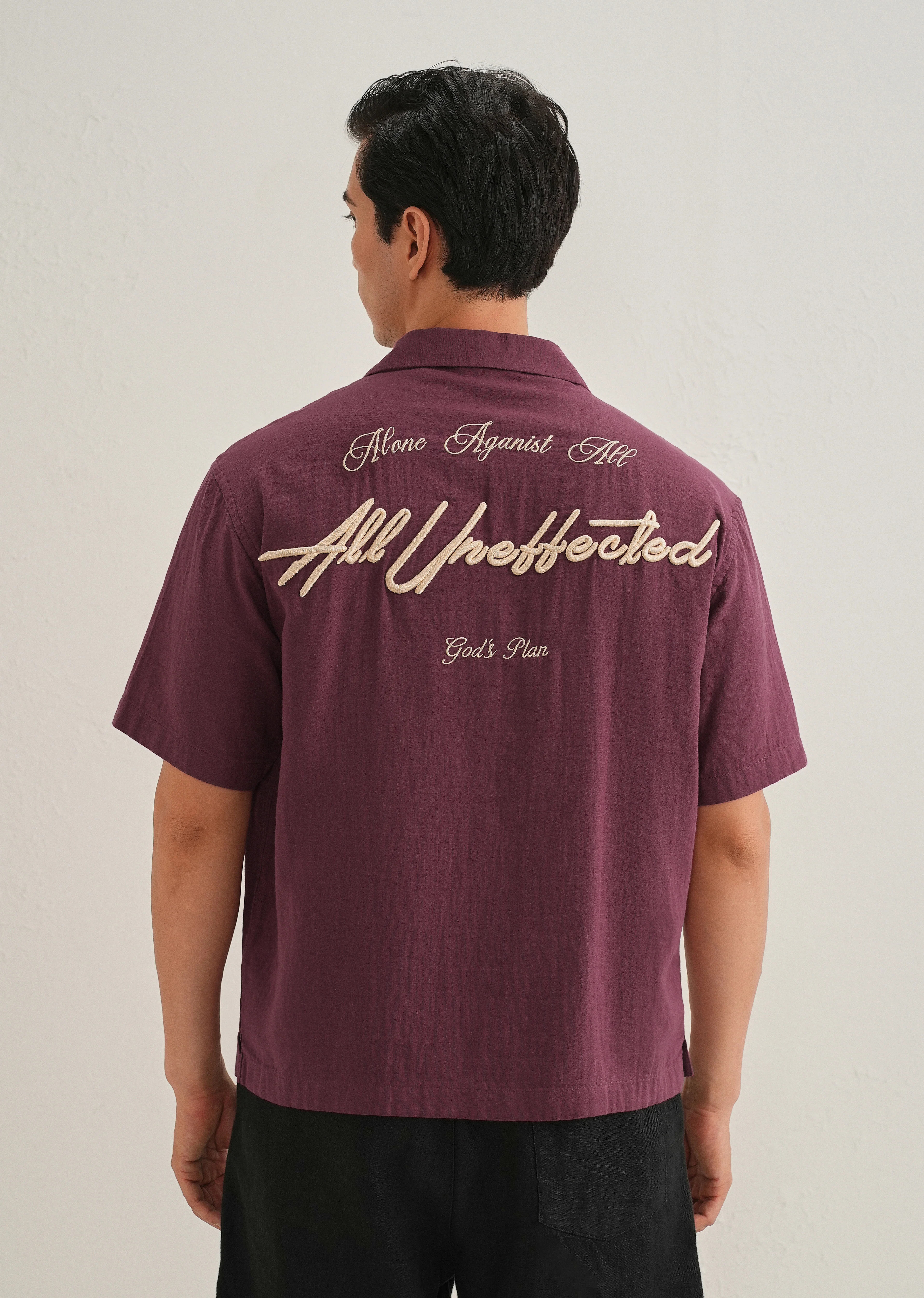 Wine Embroidered Double Cloth Cotton Shirt - Image 4