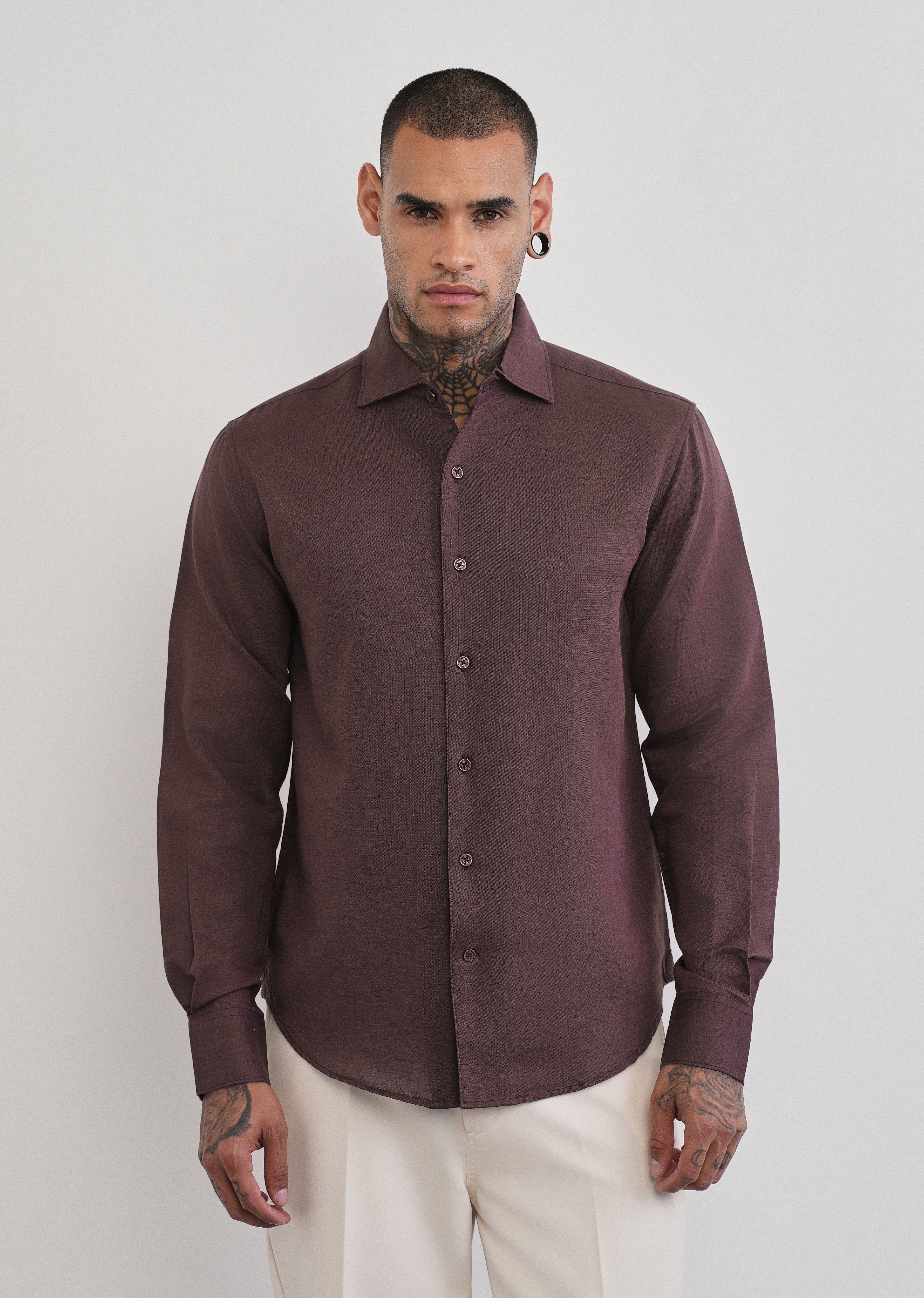 Wine Plain Cotton Linen Shirt - Image 3