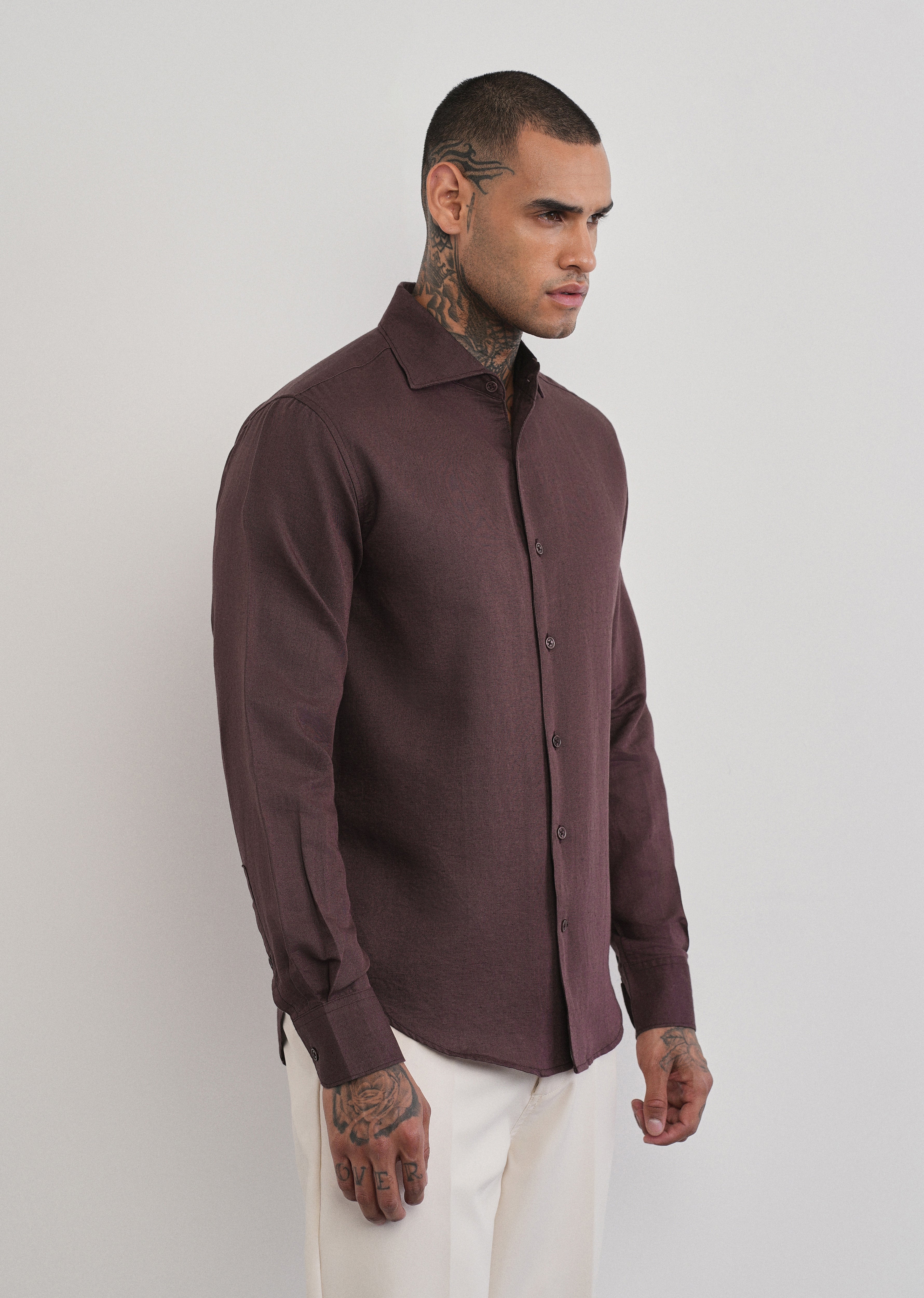 Wine Plain Cotton Linen Shirt - Image 4
