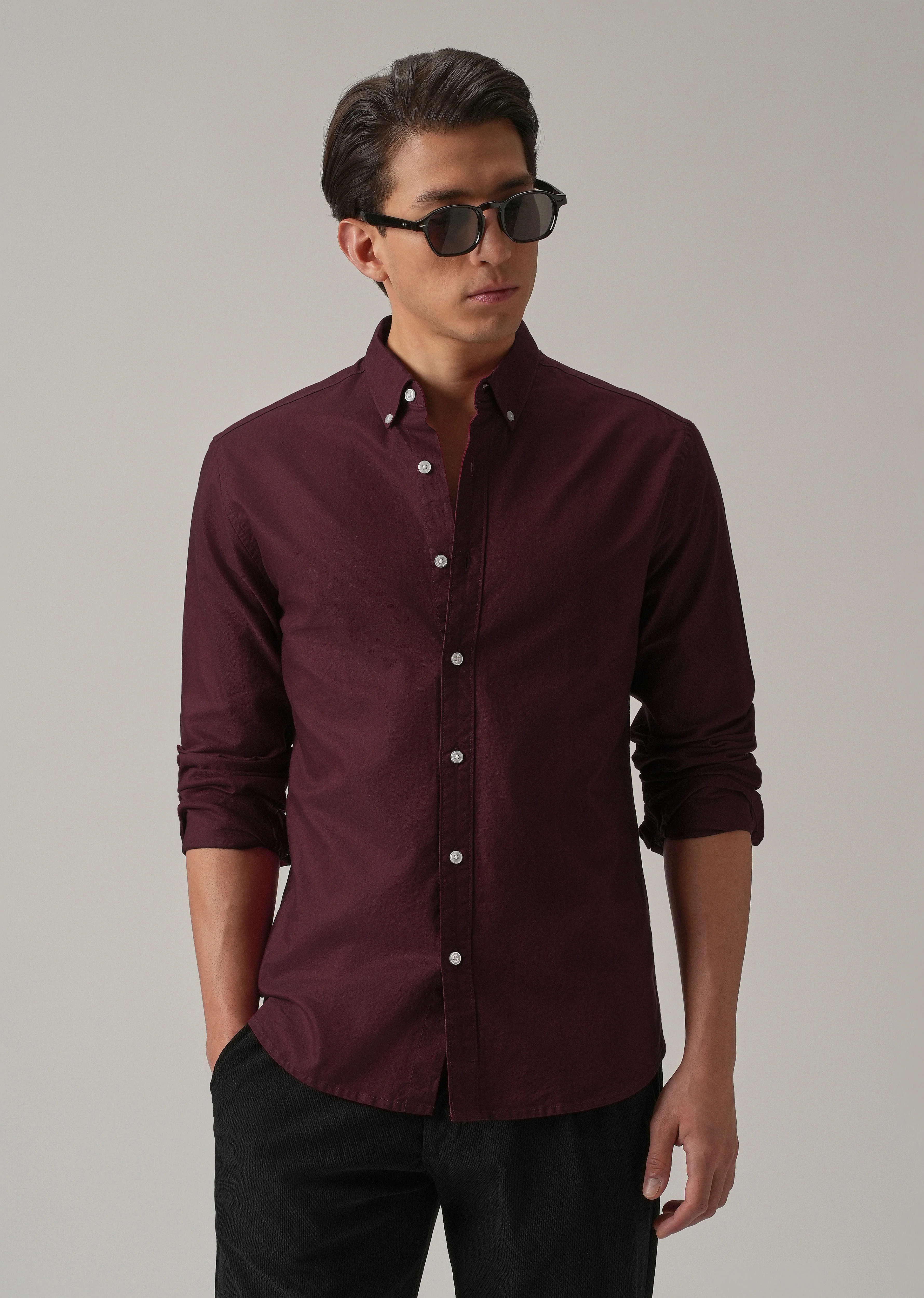 Wine Plain Elbow Patch Oxford Shirt - Image 7