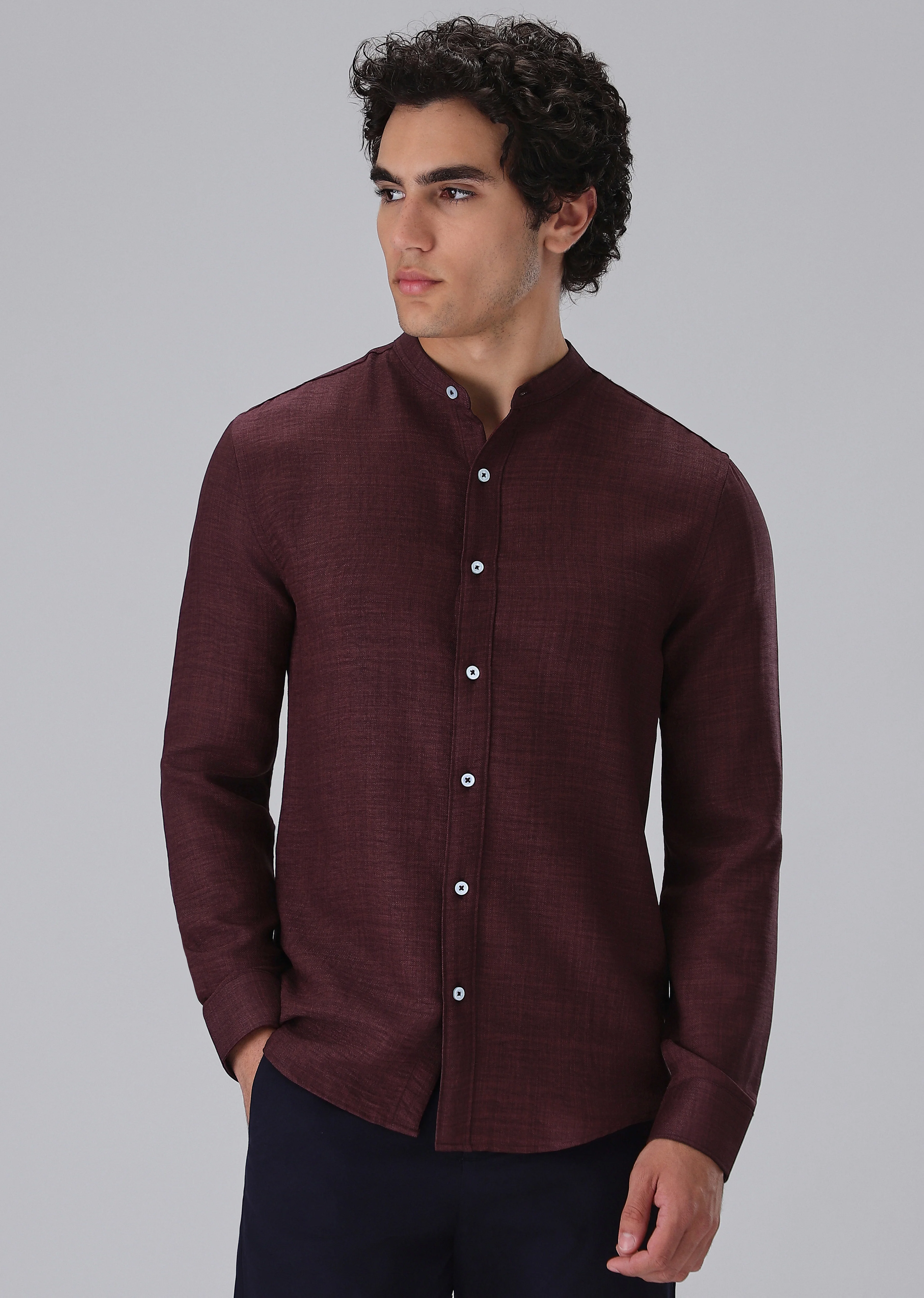 Wine Plain Mandarin Collar Shirt - Image 3