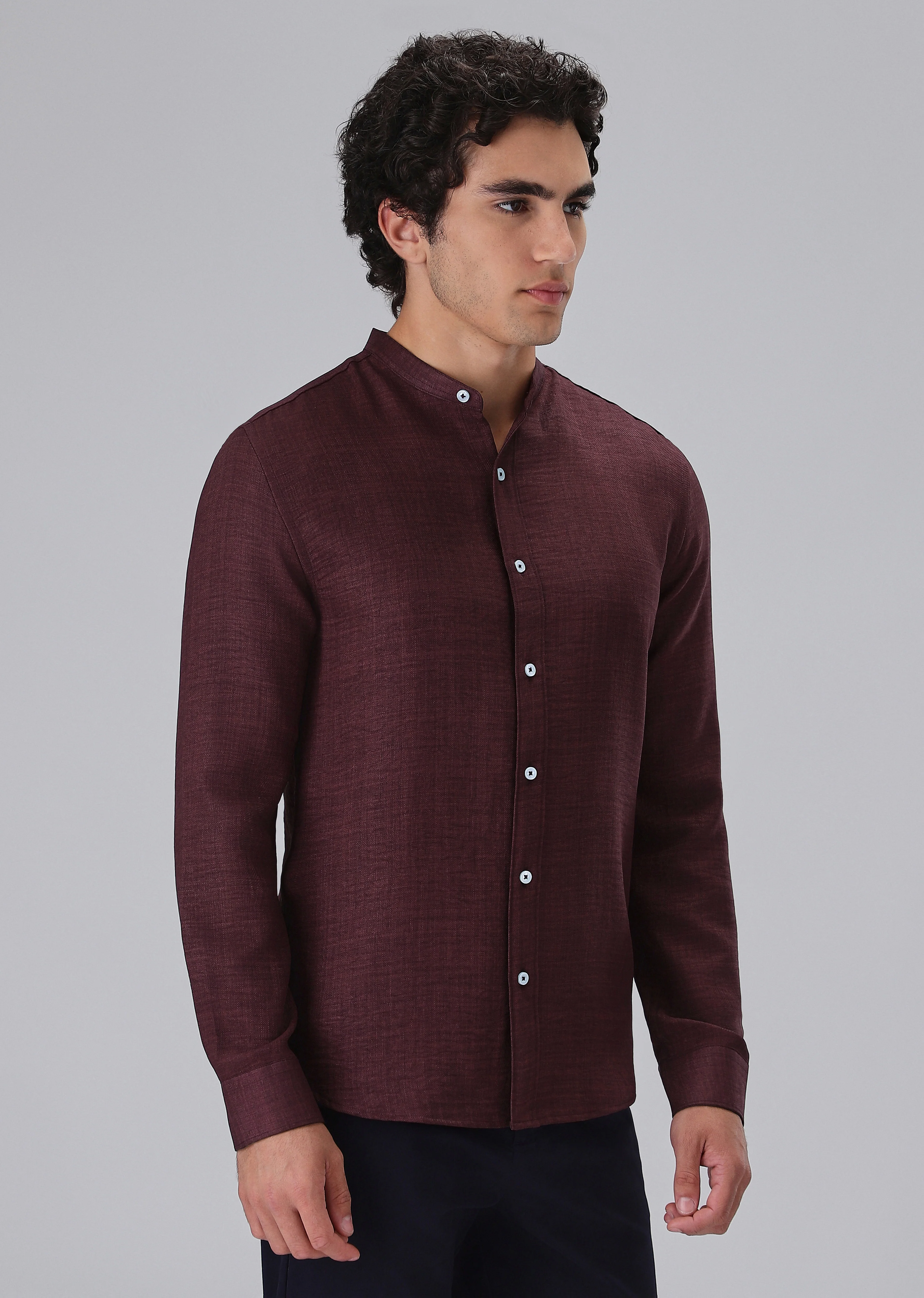 Wine Plain Mandarin Collar Shirt - Image 4