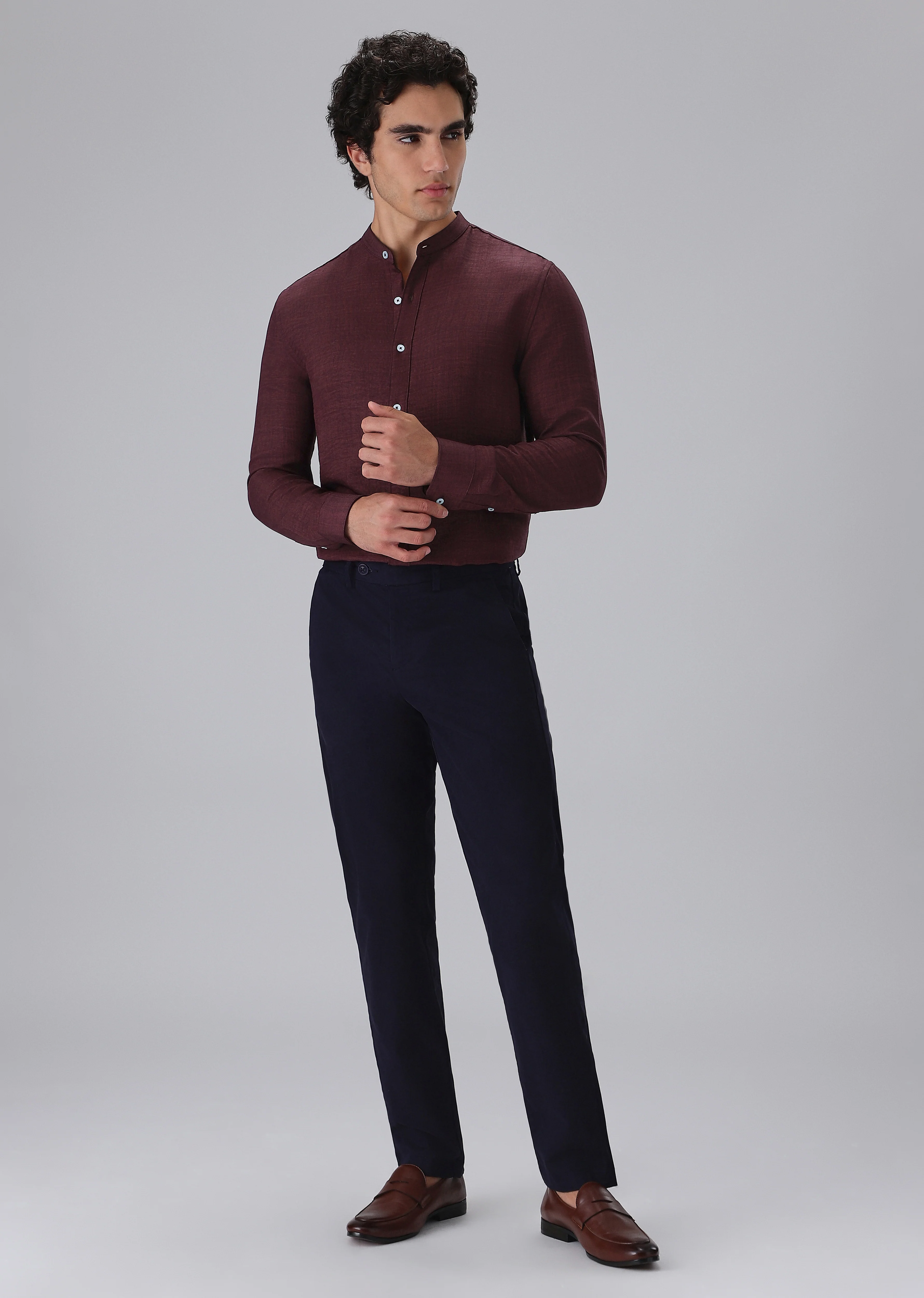 Wine Plain Mandarin Collar Shirt - Image 6
