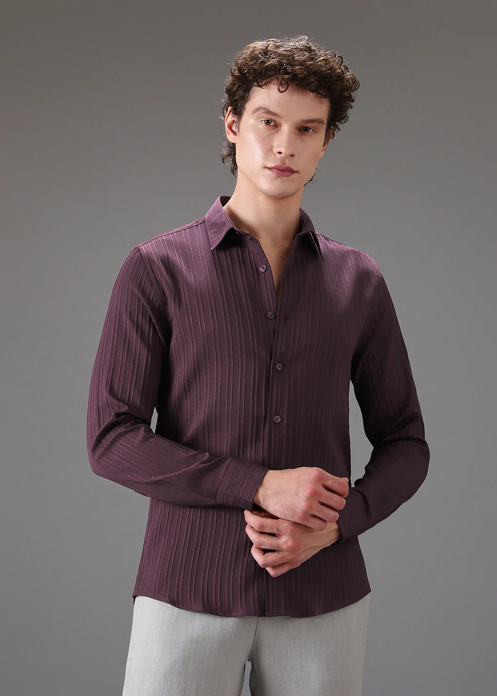 Wine Plain Self Striped Shirt - Image 4