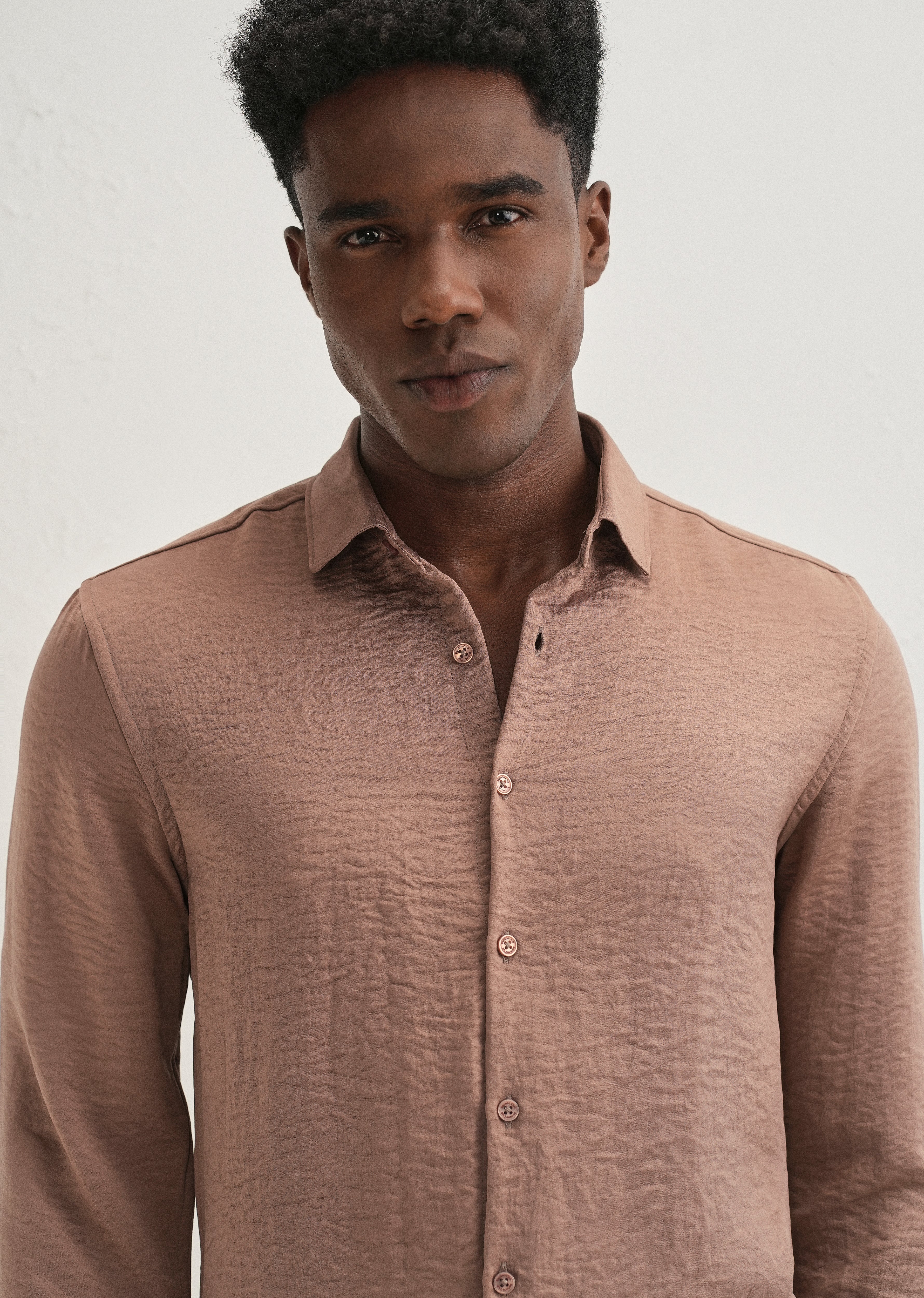 Wood Brown Plain Crushed Satin Shirt - Image 2